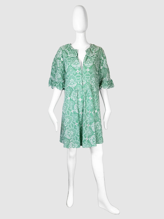 Maje Green with White Paisley Print Ruffle Sleeve Mini Dress Size 40 Consignment Secondhand Designer Luxury Resale Toronto Trendy