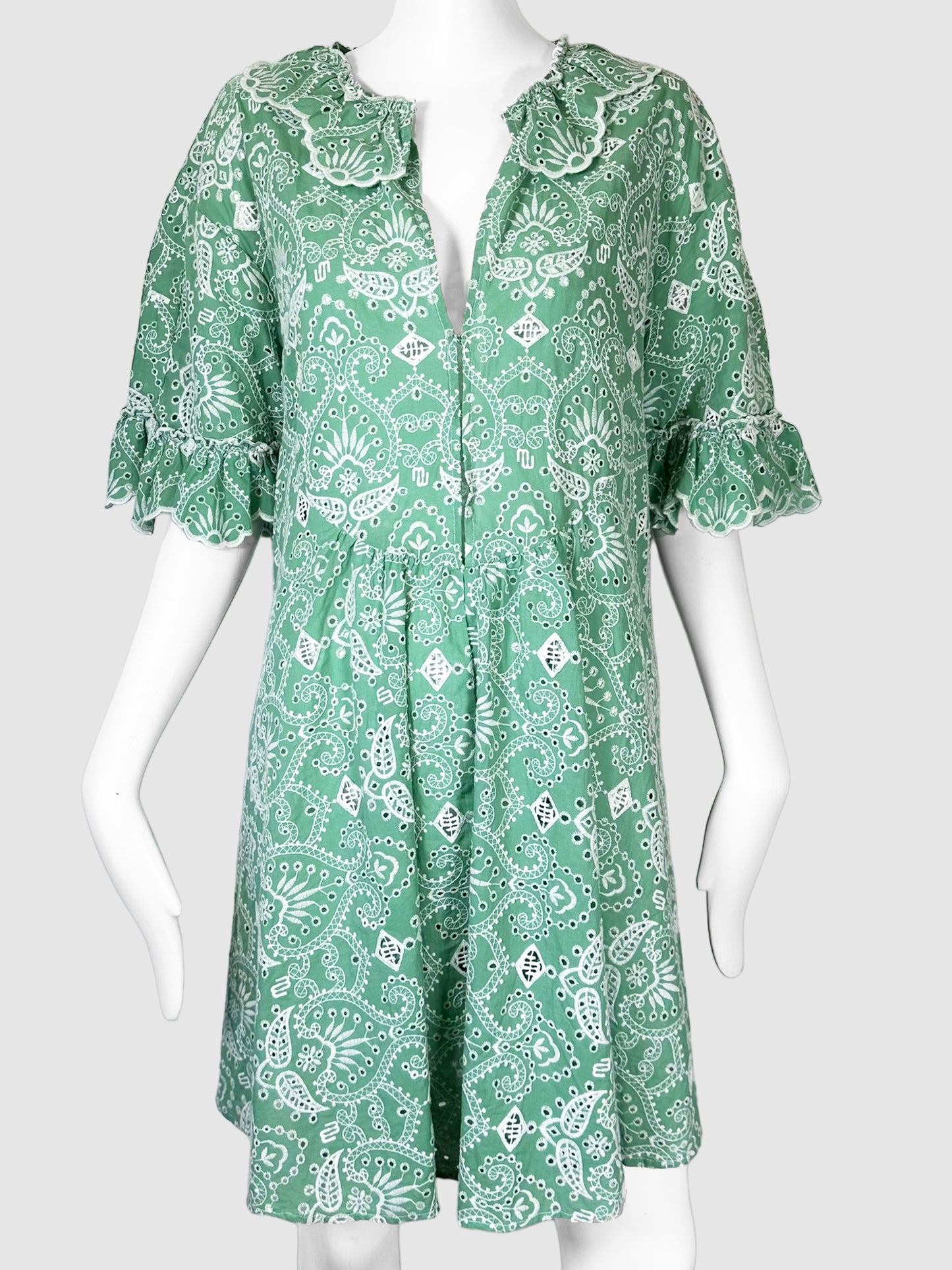 Maje Green with White Paisley Print Ruffle Sleeve Mini Dress Size 40 Consignment Secondhand Designer Luxury Resale Toronto Trendy