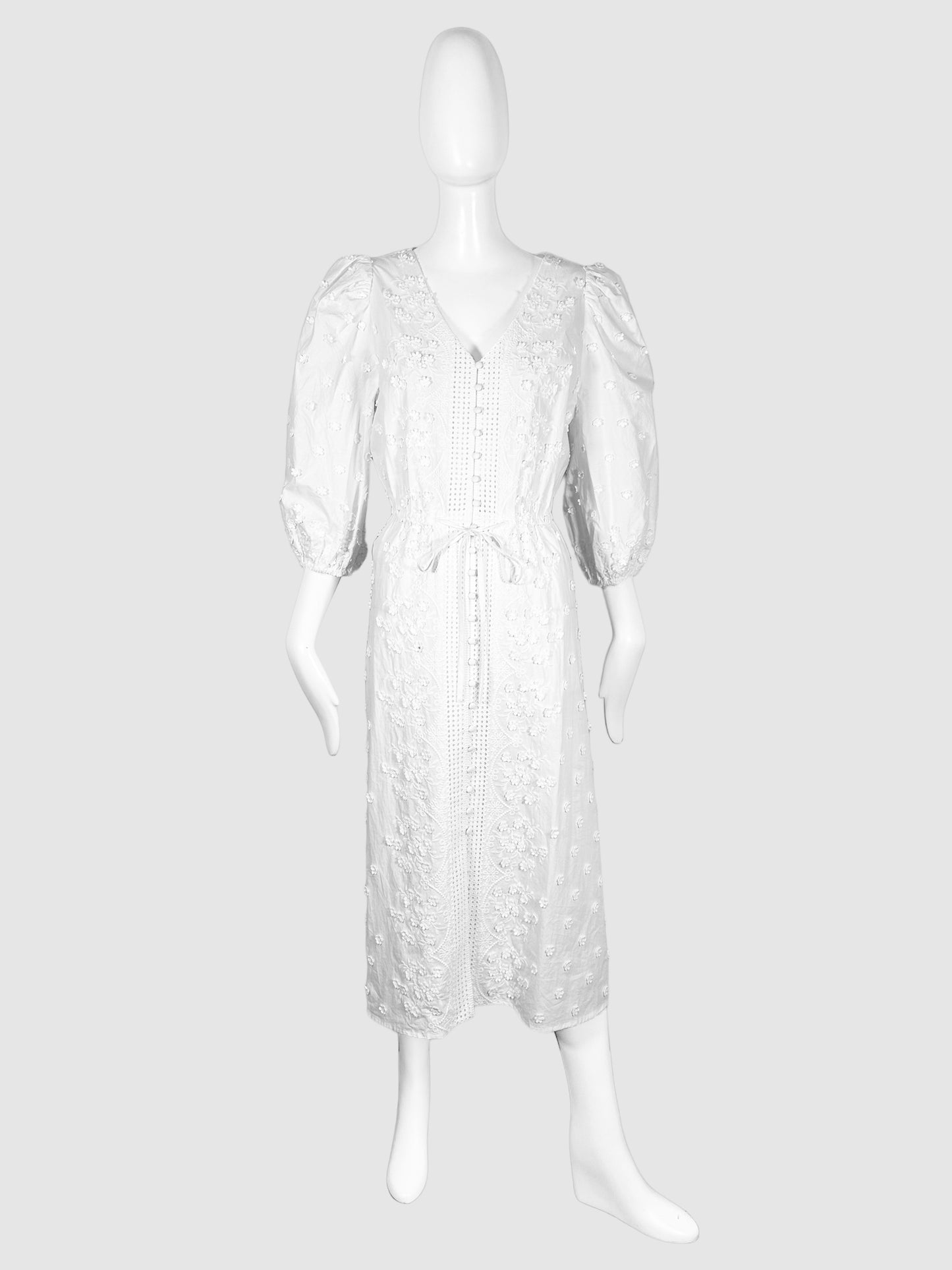 Maje White V-Neck Long Sleeve Maxi Dress with Embroidered Flowers and Puff Sleeves Size 42 Consignment Secondhand Designer Luxury Resale Toronto Trendy