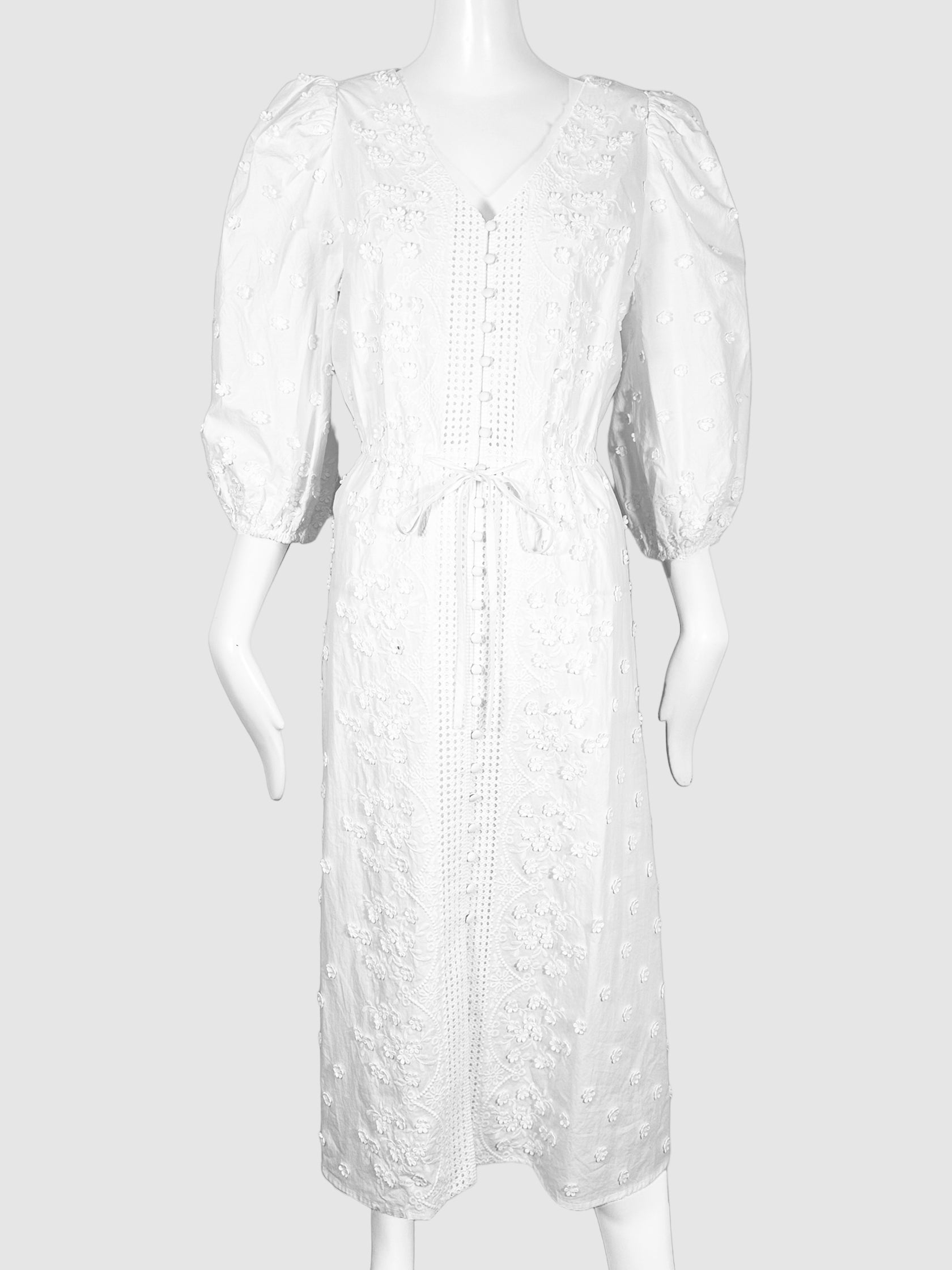 Maje White V-Neck Long Sleeve Maxi Dress with Embroidered Flowers and Puff Sleeves Size 42 Consignment Secondhand Designer Luxury Resale Toronto Trendy