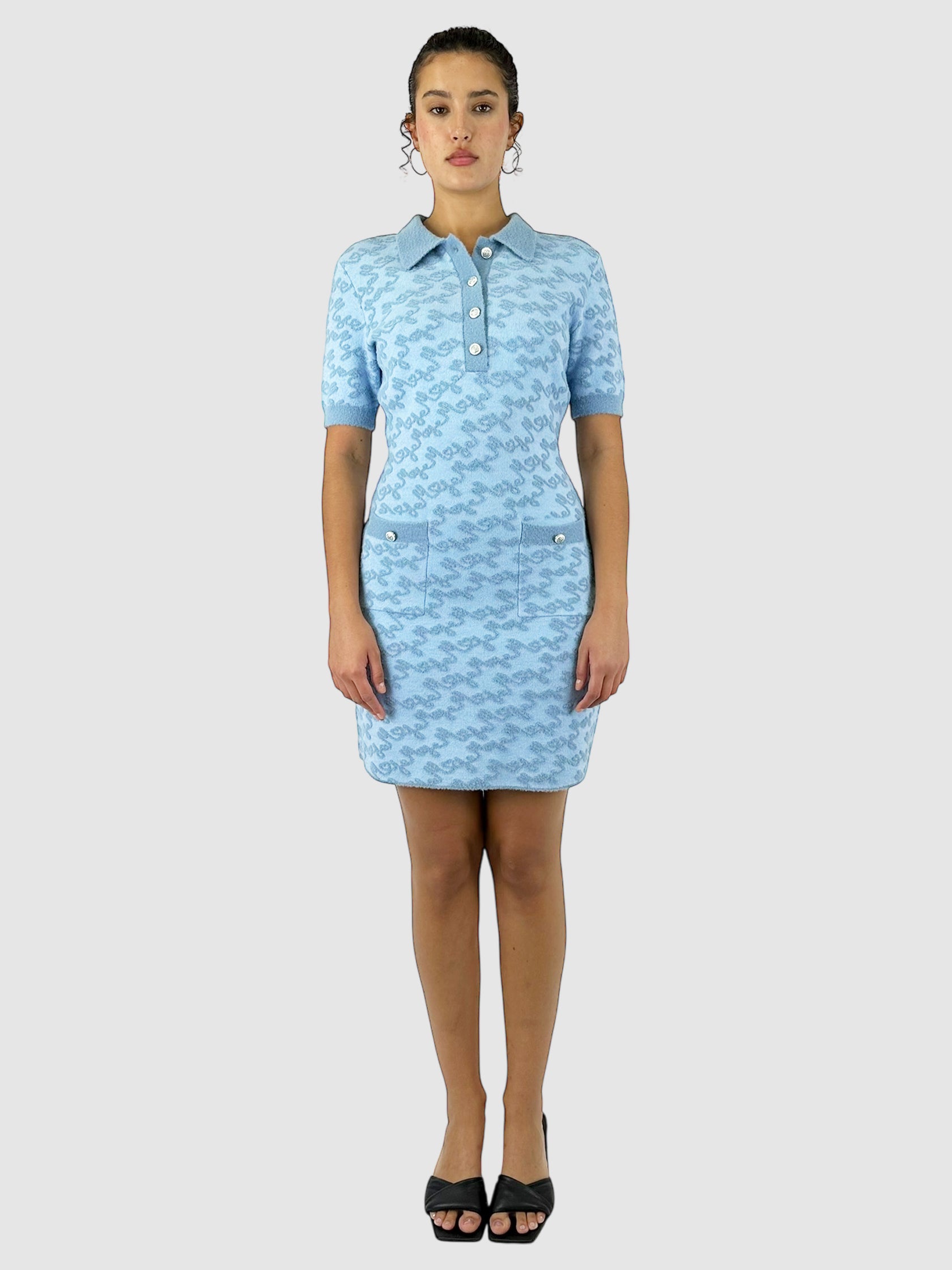 Maje Blue Jacquard Knit Roetic Logo Printed Short Sleeve Mini Dress - Size FR 40 Luxury Designer Resale Secondhand Toronto Canada