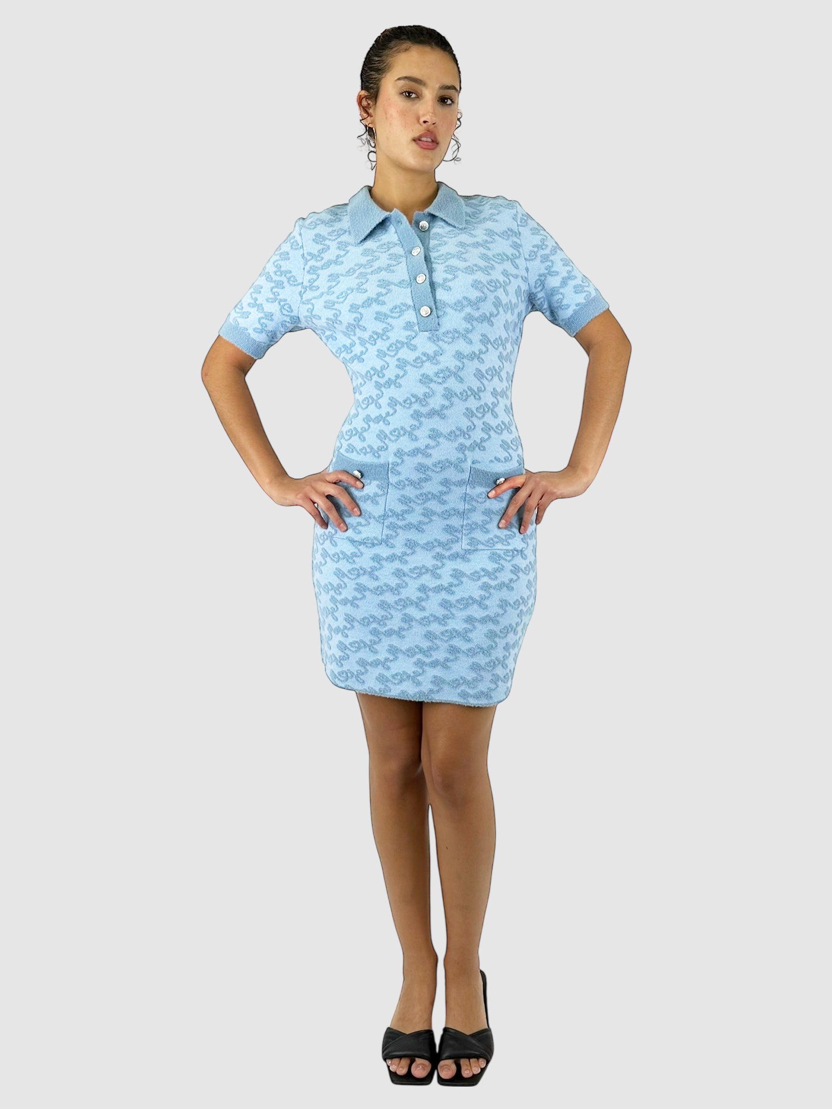 Maje Blue Jacquard Knit Roetic Logo Printed Short Sleeve Mini Dress - Size FR 40 Luxury Designer Resale Secondhand Toronto Canada