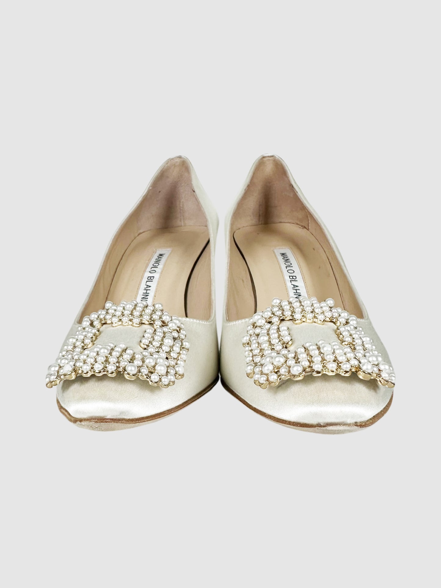 Satin Pearl Buckle Hangisi Pumps - Size 37.5