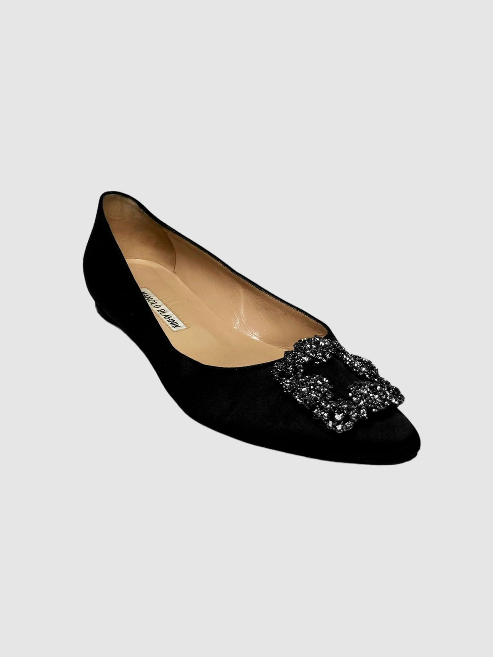 Manolo Blahnik Hangisiflat Black Satin Jewel Buckle Flats Consignment Secondhand Designer Luxury Resale Toronto Trendy
