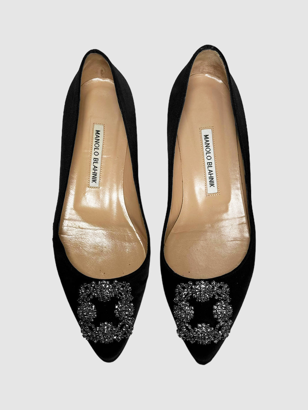 Manolo Blahnik HangisiflaBlack Satin Jewel Buckle Flats Consignment Secondhand Designer Luxury Resale Toronto Trendy 