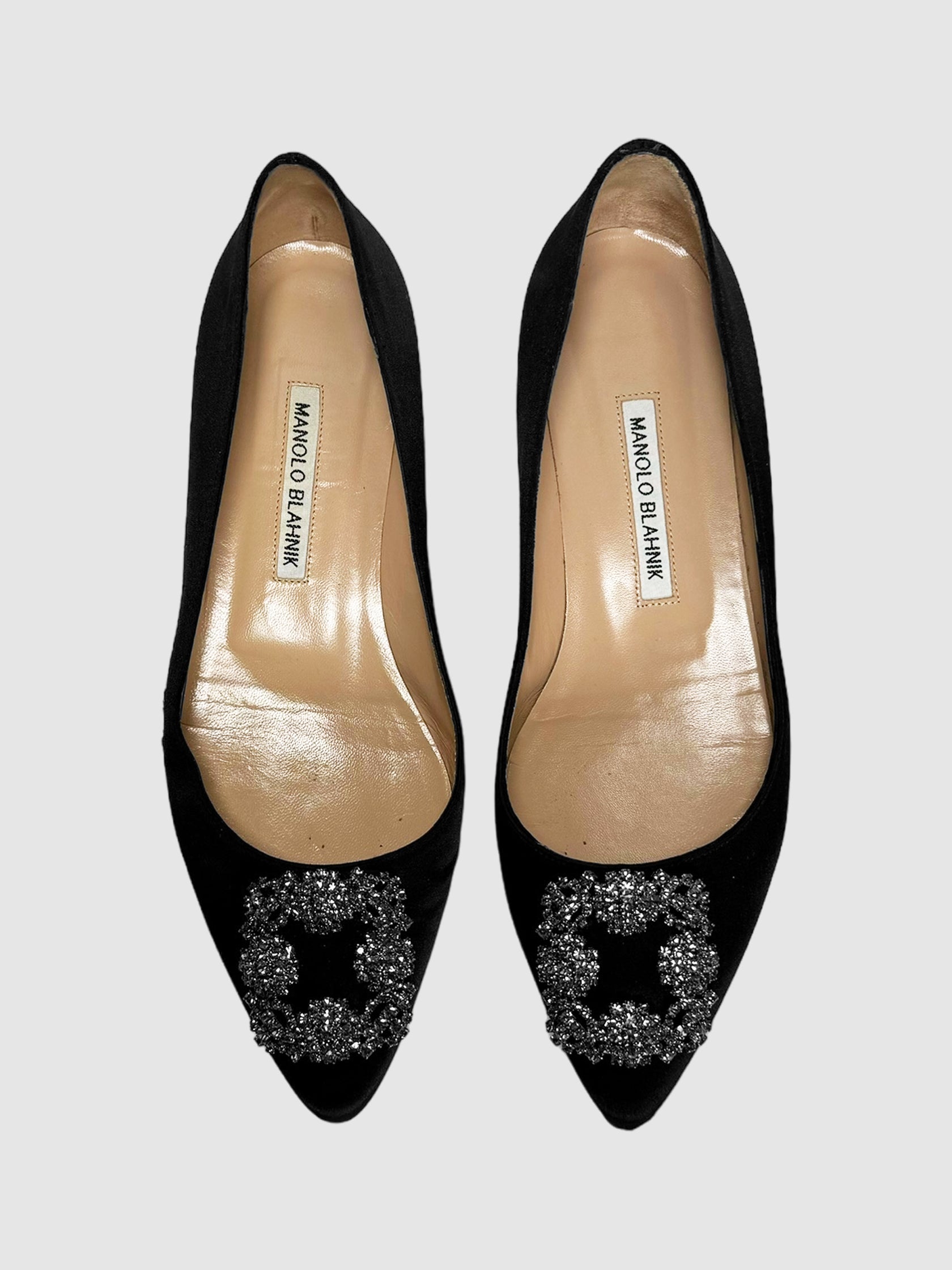Manolo Blahnik HangisiflaBlack Satin Jewel Buckle Flats Consignment Secondhand Designer Luxury Resale Toronto Trendy 