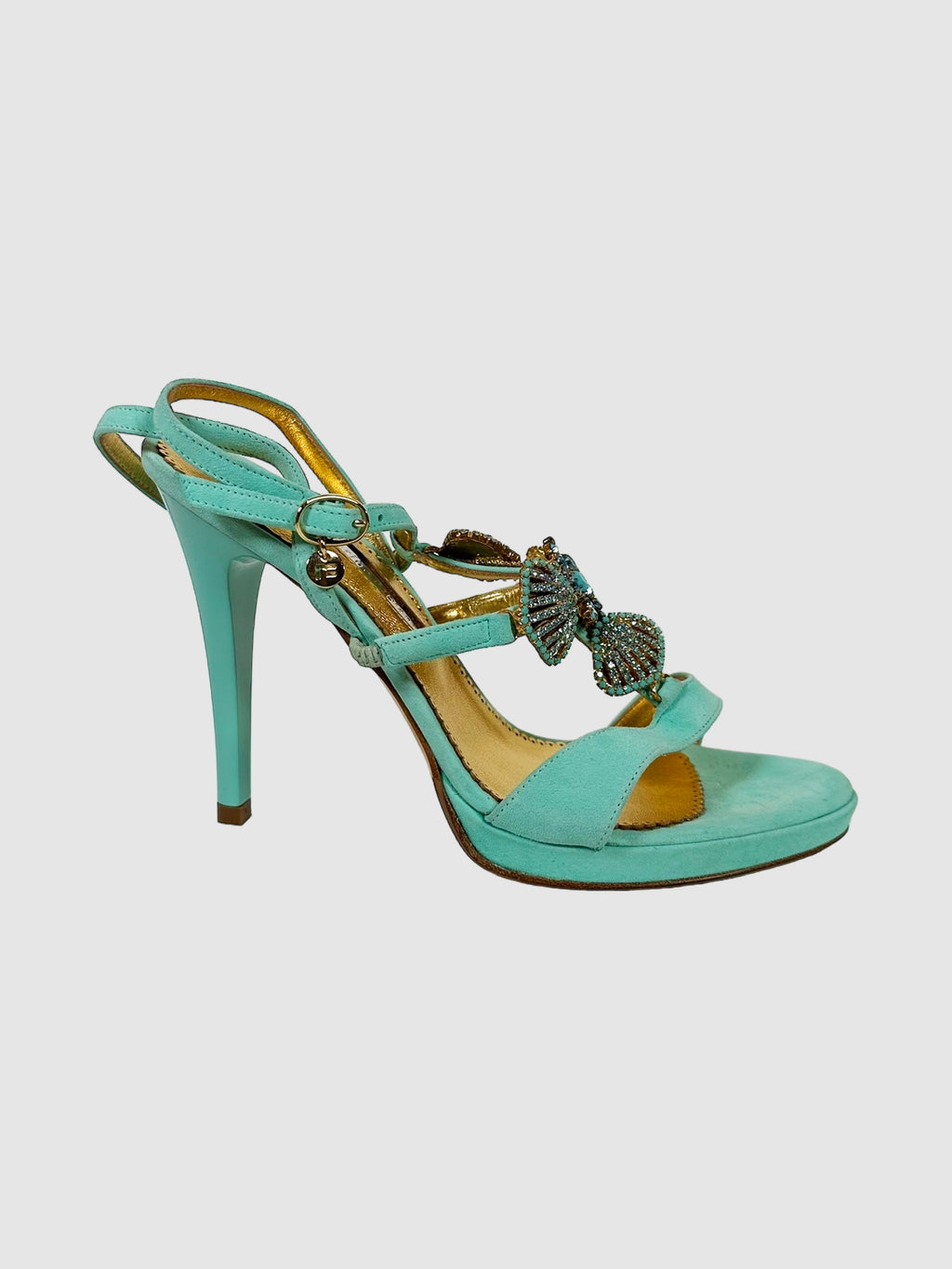 Marino Fabiani Turquoise Sandal Pumps with Rhinestone Seashell Detailing Size 38 Consignment Secondhand Designer Luxury Resale Toronto Trendy