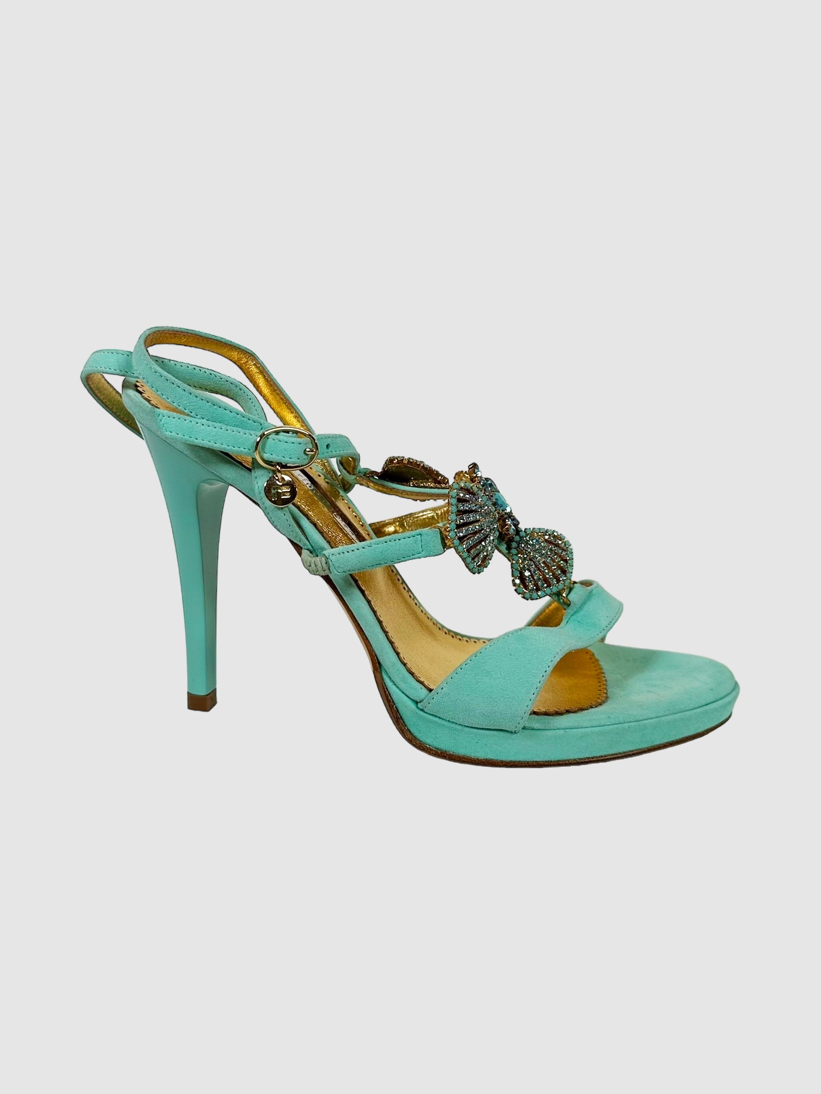 Marino Fabiani Turquoise Sandal Pumps with Rhinestone Seashell Detailing Size 38 Consignment Secondhand Designer Luxury Resale Toronto Trendy