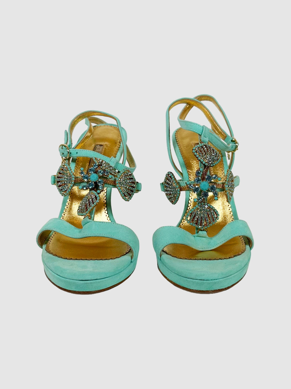Marino Fabiani Turquoise Sandal Pumps with Rhinestone Seashell Detailing Size 38 Consignment Secondhand Designer Luxury Resale Toronto Trendy