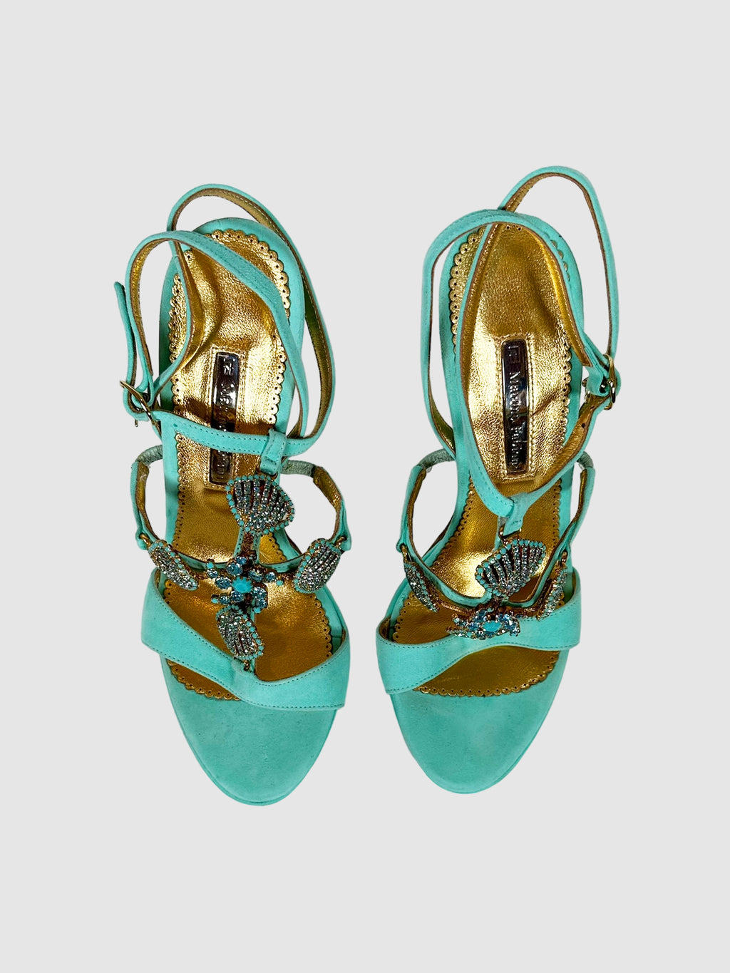 Marino Fabiani Turquoise Sandal Pumps with Rhinestone Seashell Detailing Size 38 Consignment Secondhand Designer Luxury Resale Toronto Trendy