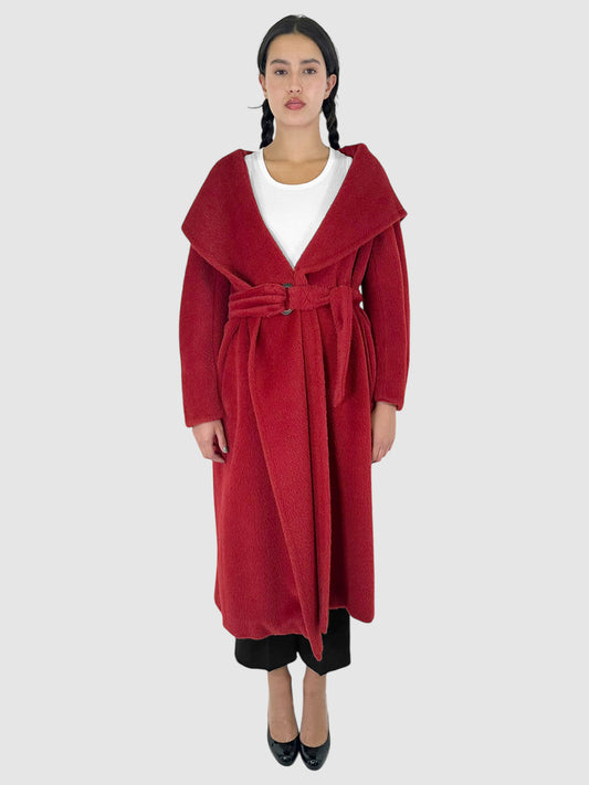 Max Mara Red Alpaca and Wool Blend Belted Long Coat with Hood - Size Medium Luxury Designer Resale Consignment Toronto