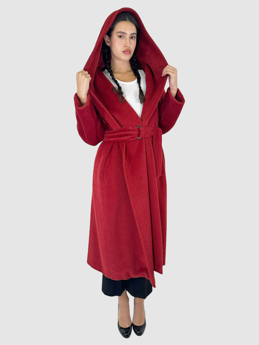 Max Mara Red Alpaca and Wool Blend Belted Long Coat with Hood - Size Medium Luxury Designer Resale Consignment Toronto