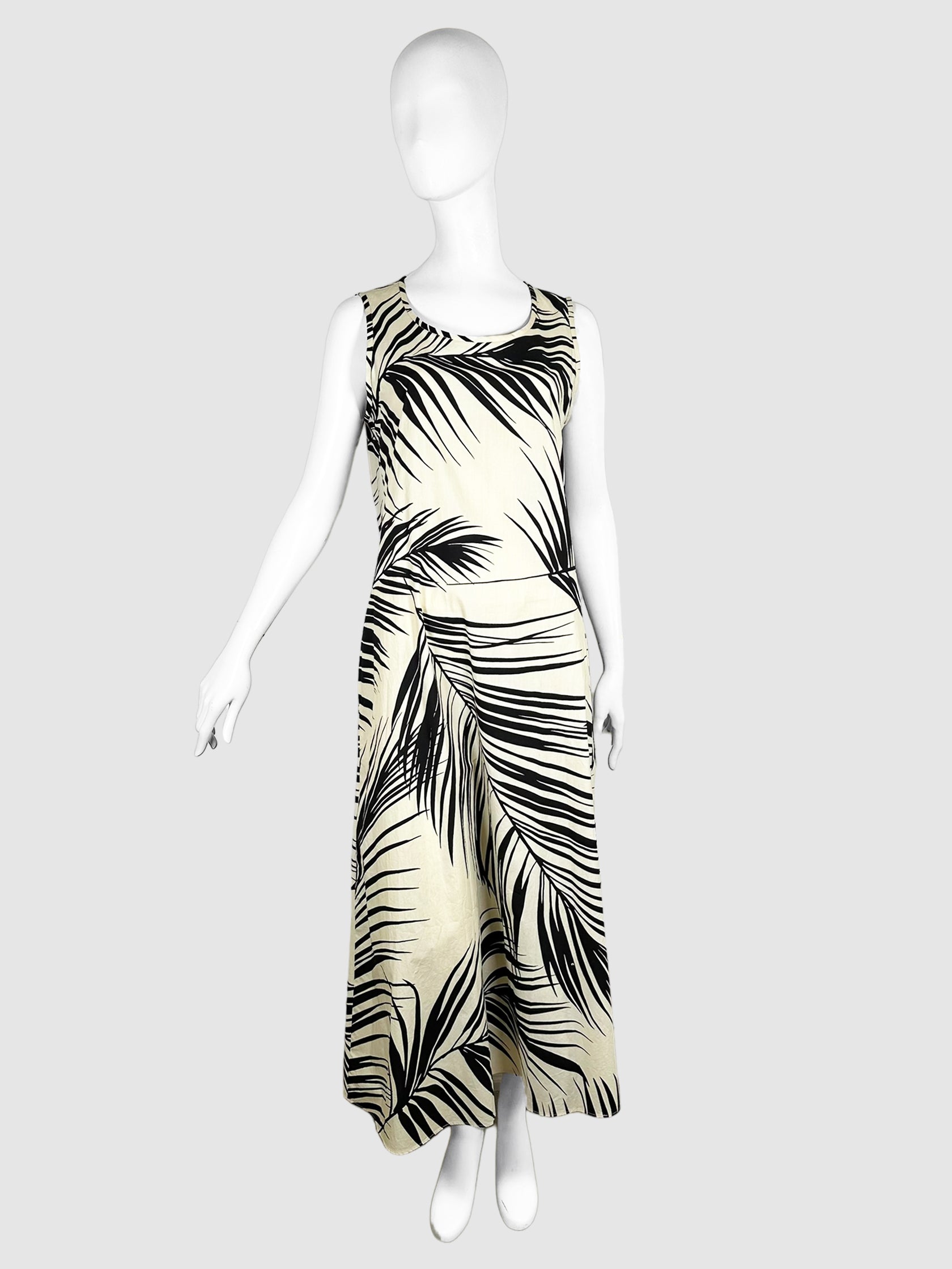 Max Mara Cream and Black Leaf Print Sleeveless Maxi Dress Size 10 Consignment Secondhand Designer Luxury Resale Toronto Trendy