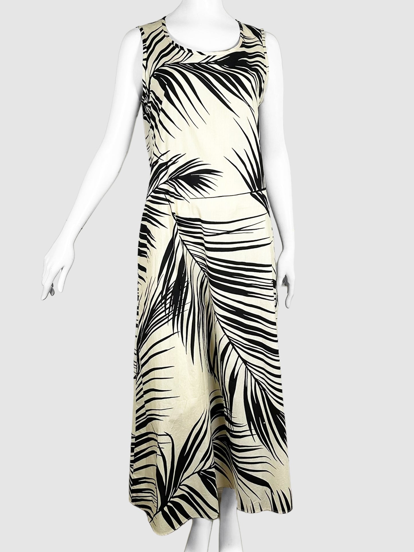 Max Mara Cream and Black Leaf Print Sleeveless Maxi Dress Size 10 Consignment Secondhand Designer Luxury Resale Toronto Trendy