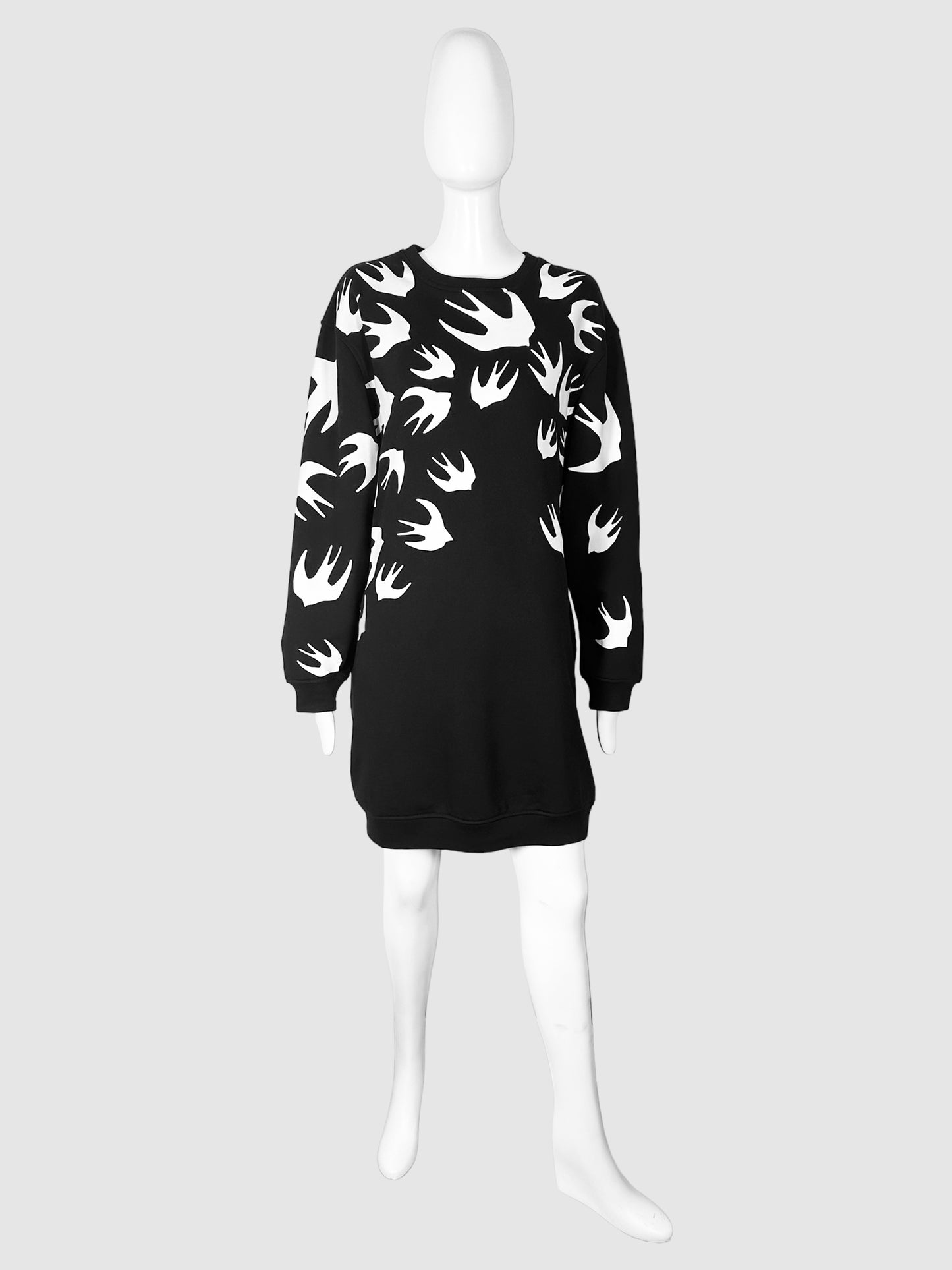 MCQ by Alexander McQueen Black and White Sparrow Print Long Sleeve Mini Sweater Dress with Pockets Size Small Consignment Secondhand Designer Luxury Resale Toronto Trendy