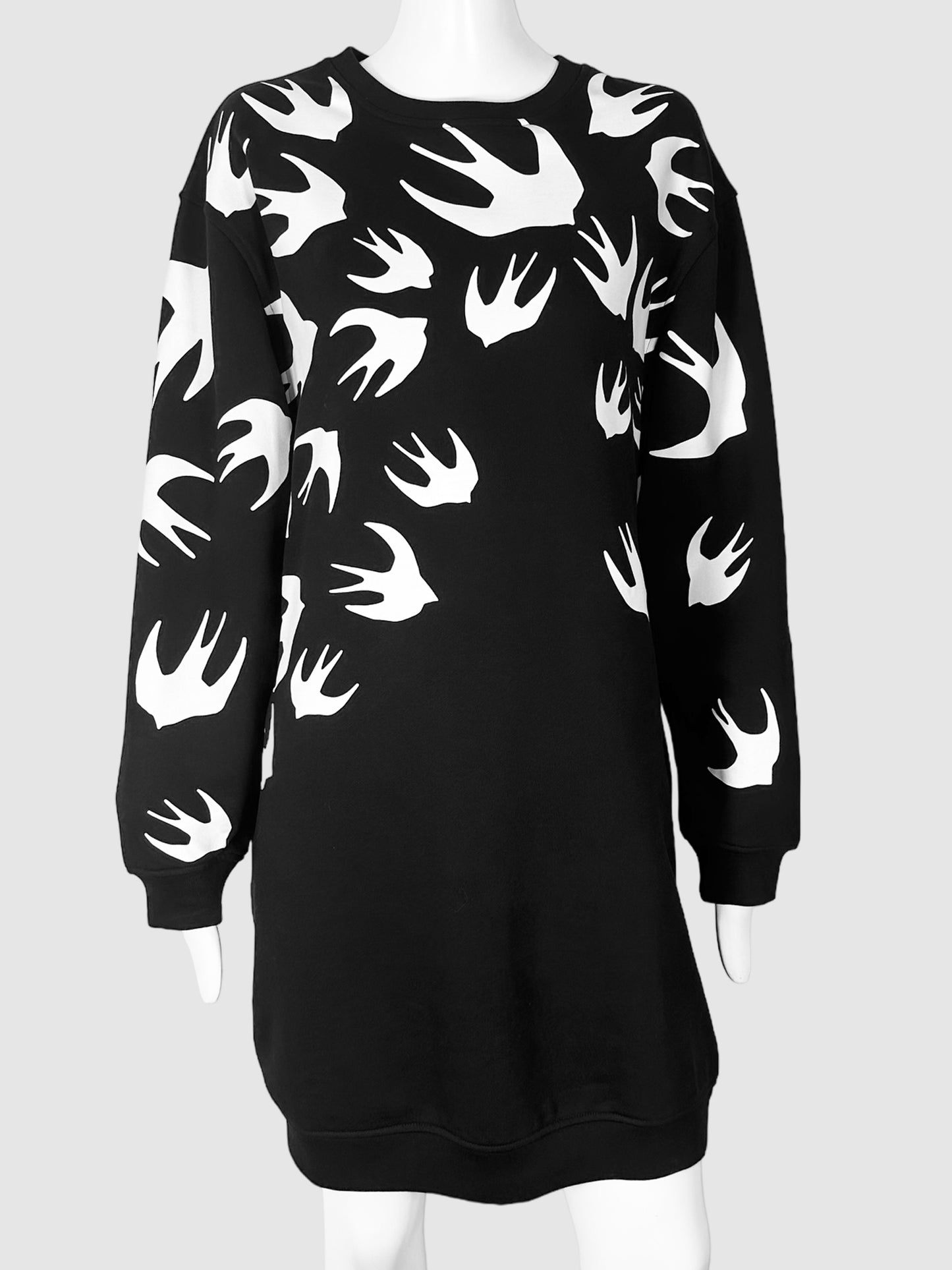 MCQ by Alexander McQueen Black and White Sparrow Print Long Sleeve Mini Sweater Dress with Pockets Size Small Consignment Secondhand Designer Luxury Resale Toronto Trendy