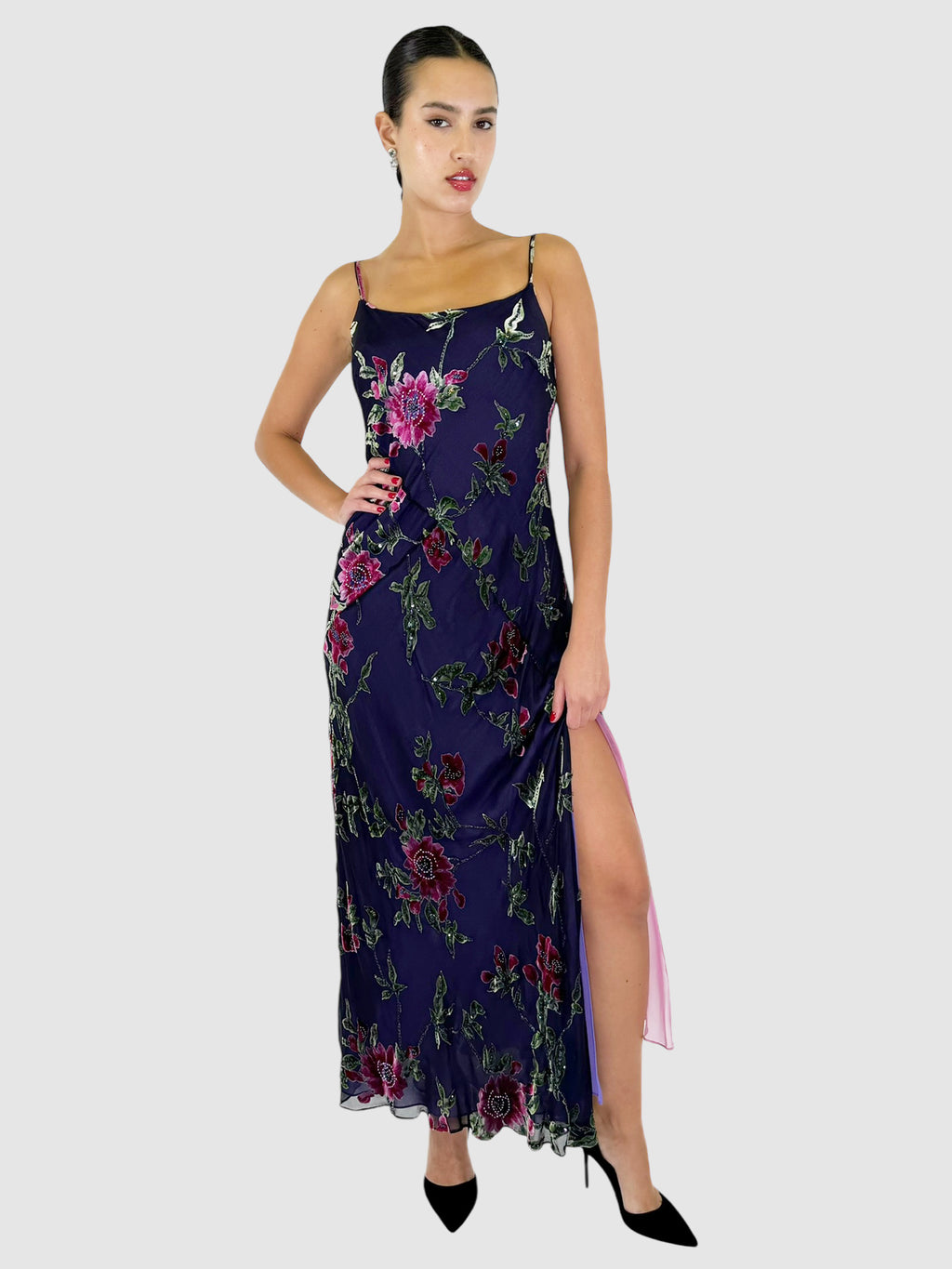 Sequin Floral Print Maxi Dress - Size 12