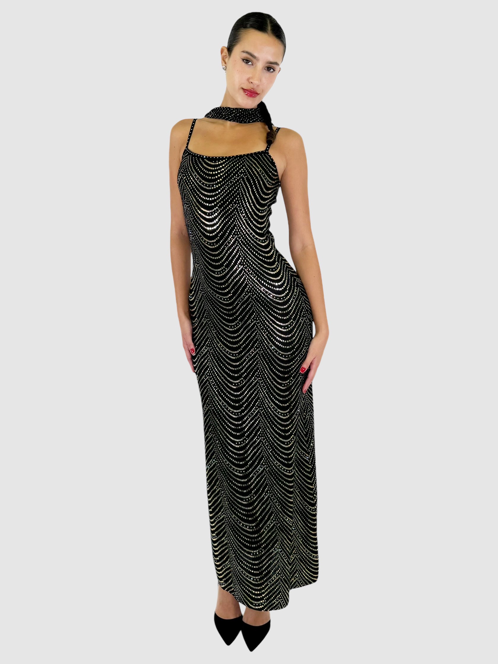 Knit Sequin Maxi Dress with Scarf - Size 6