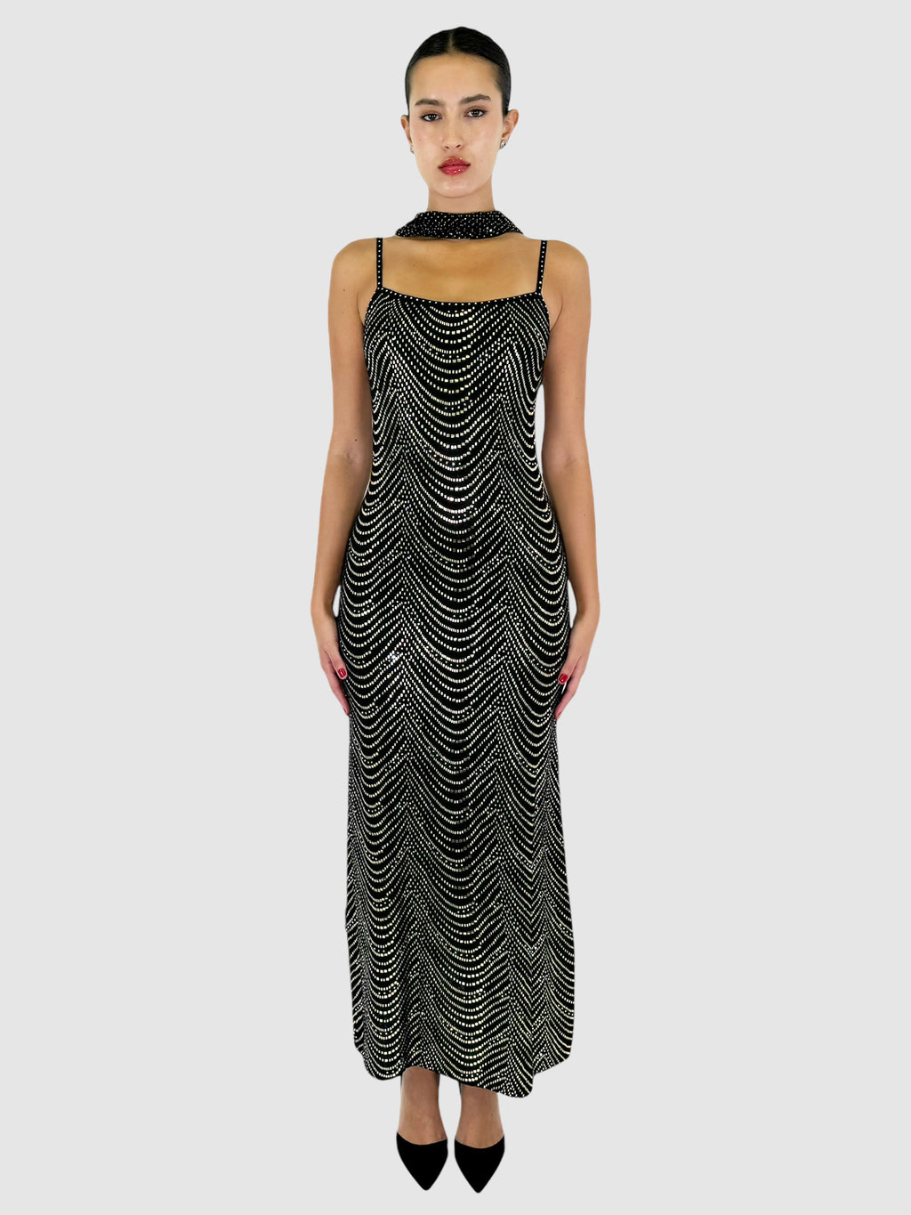 Knit Sequin Maxi Dress with Scarf - Size 6