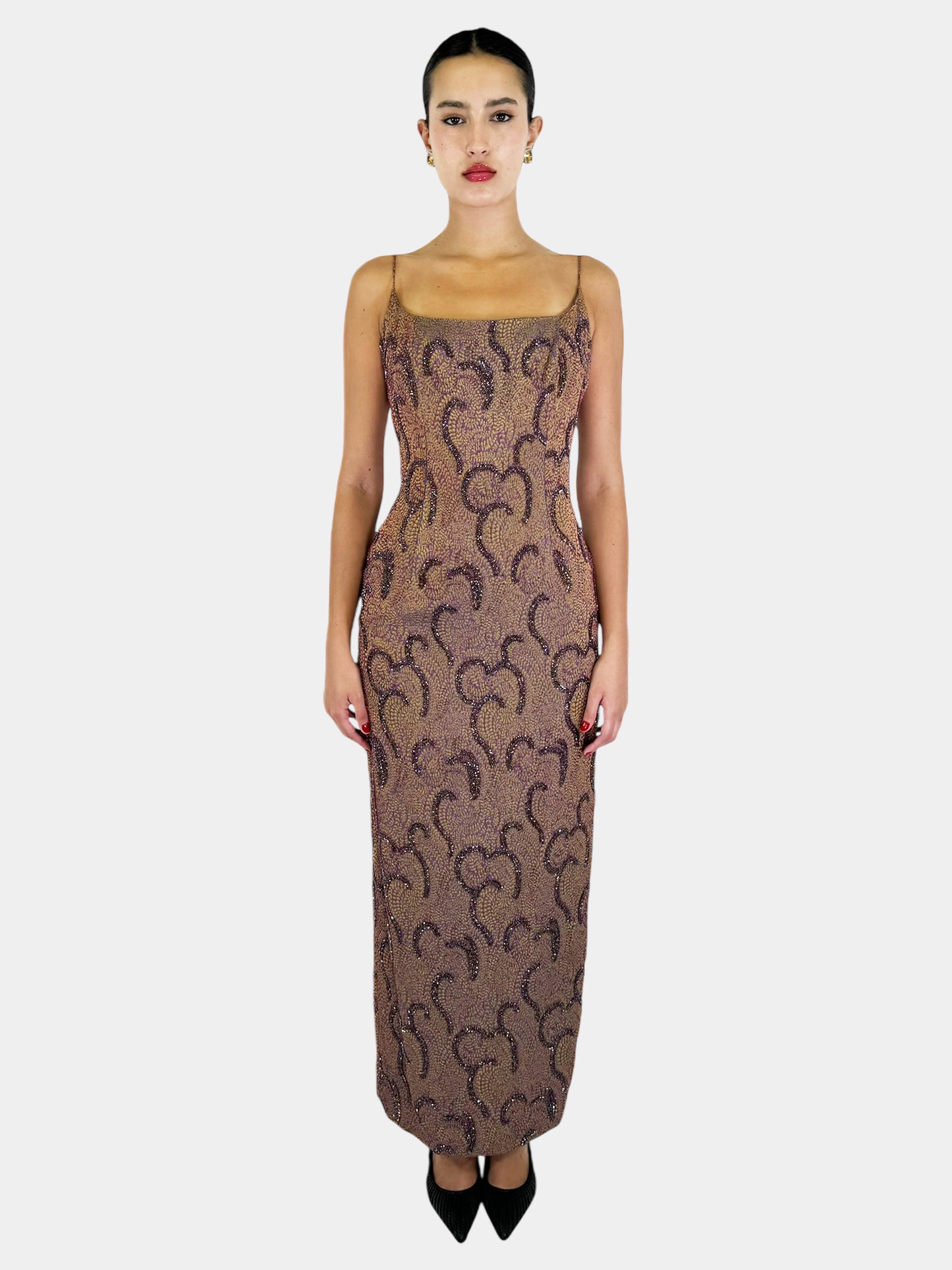 Beaded Abstract Print Evening Dress - Size 6