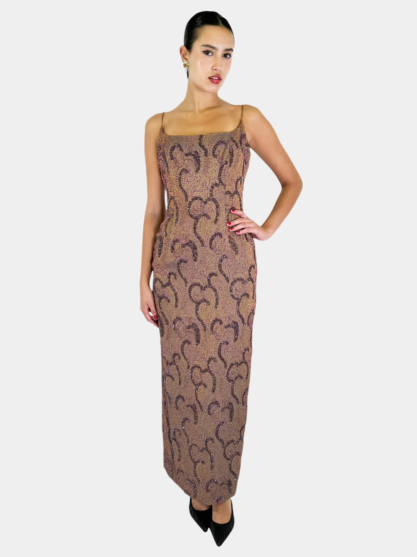 Beaded Abstract Print Evening Dress - Size 6