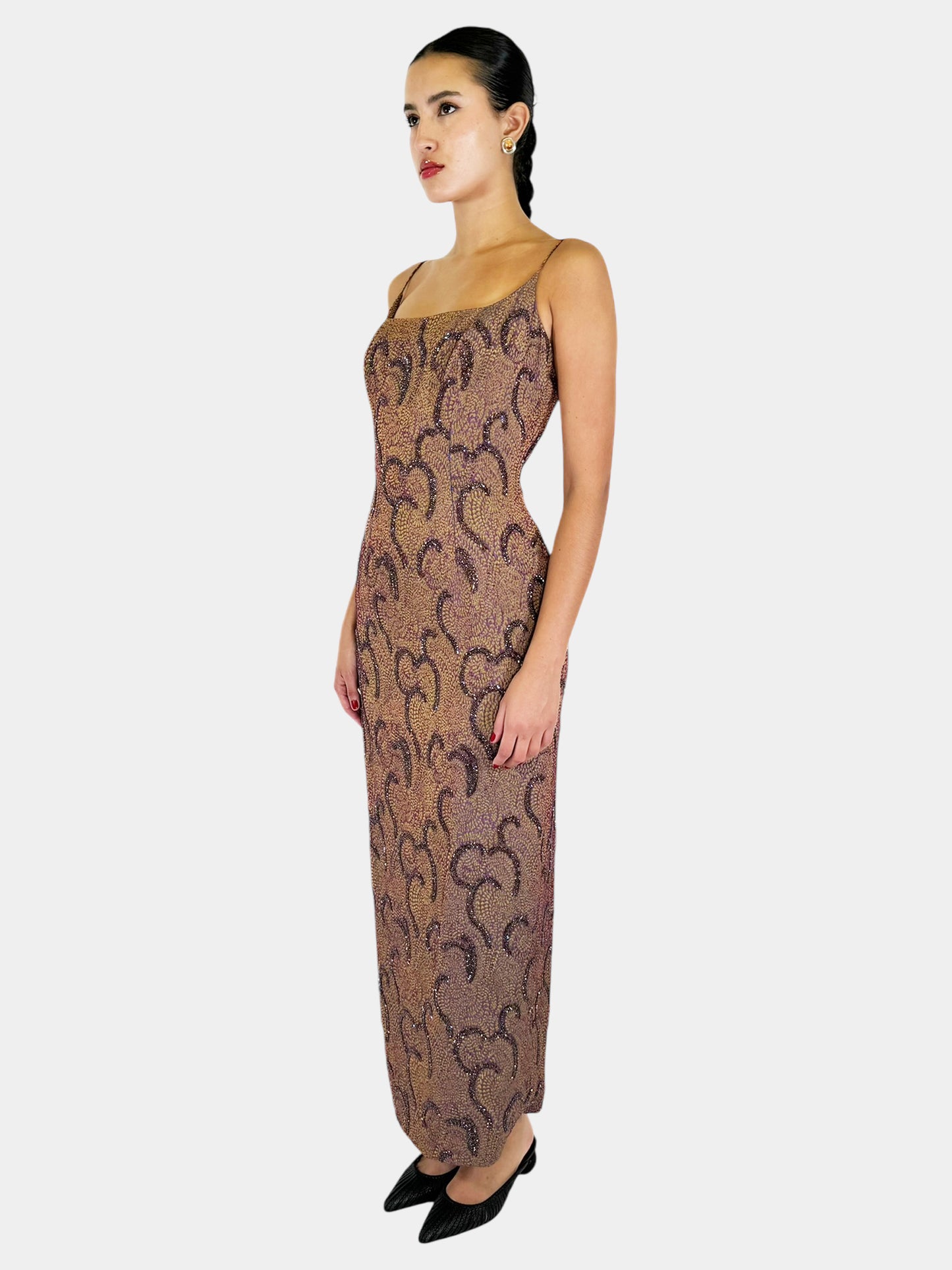 Beaded Abstract Print Evening Dress - Size 6