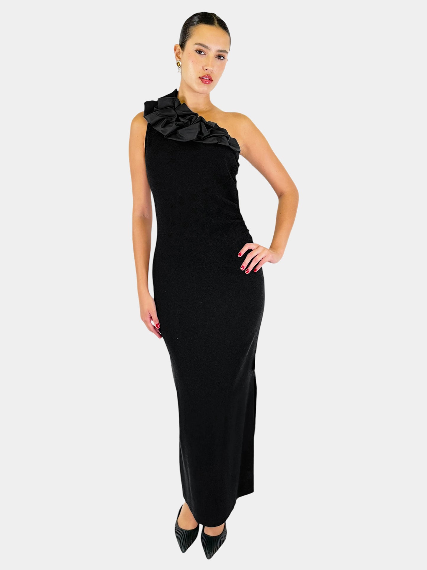 Ruffled Shoulder Evening Dress - Size 8