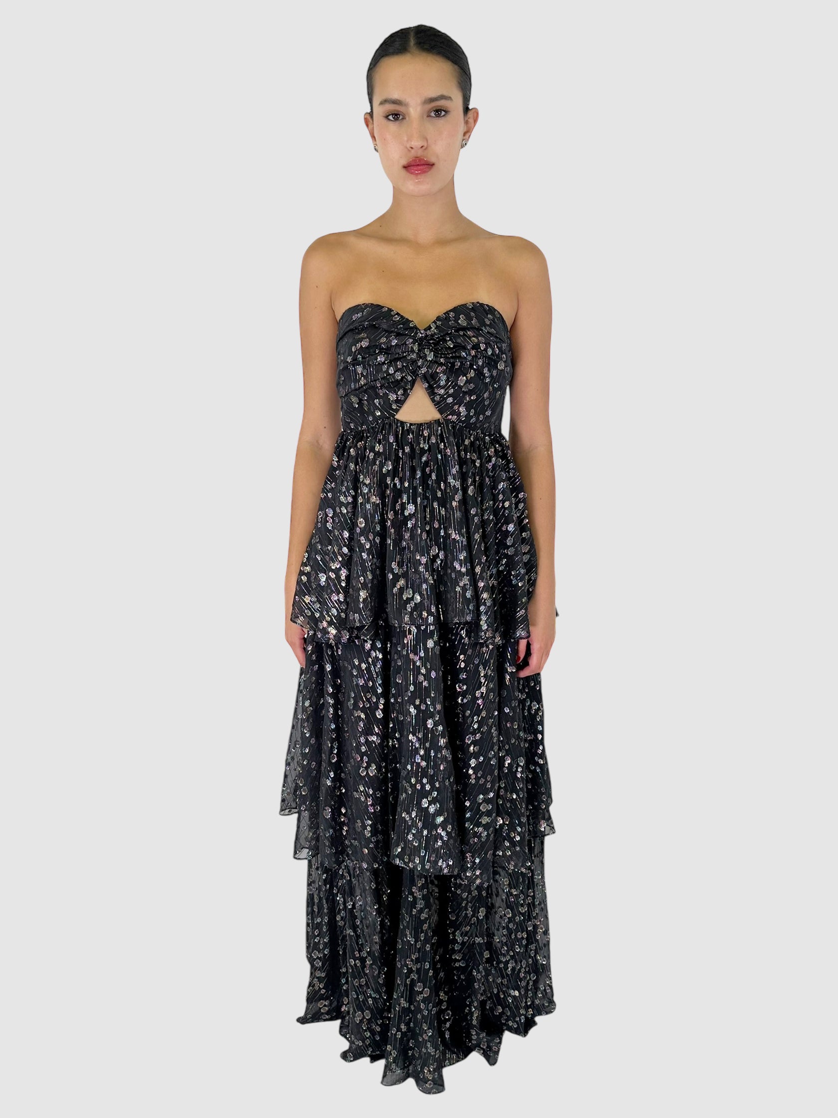 Metallic Circle Print Ruffled Maxi Dress - Size 8