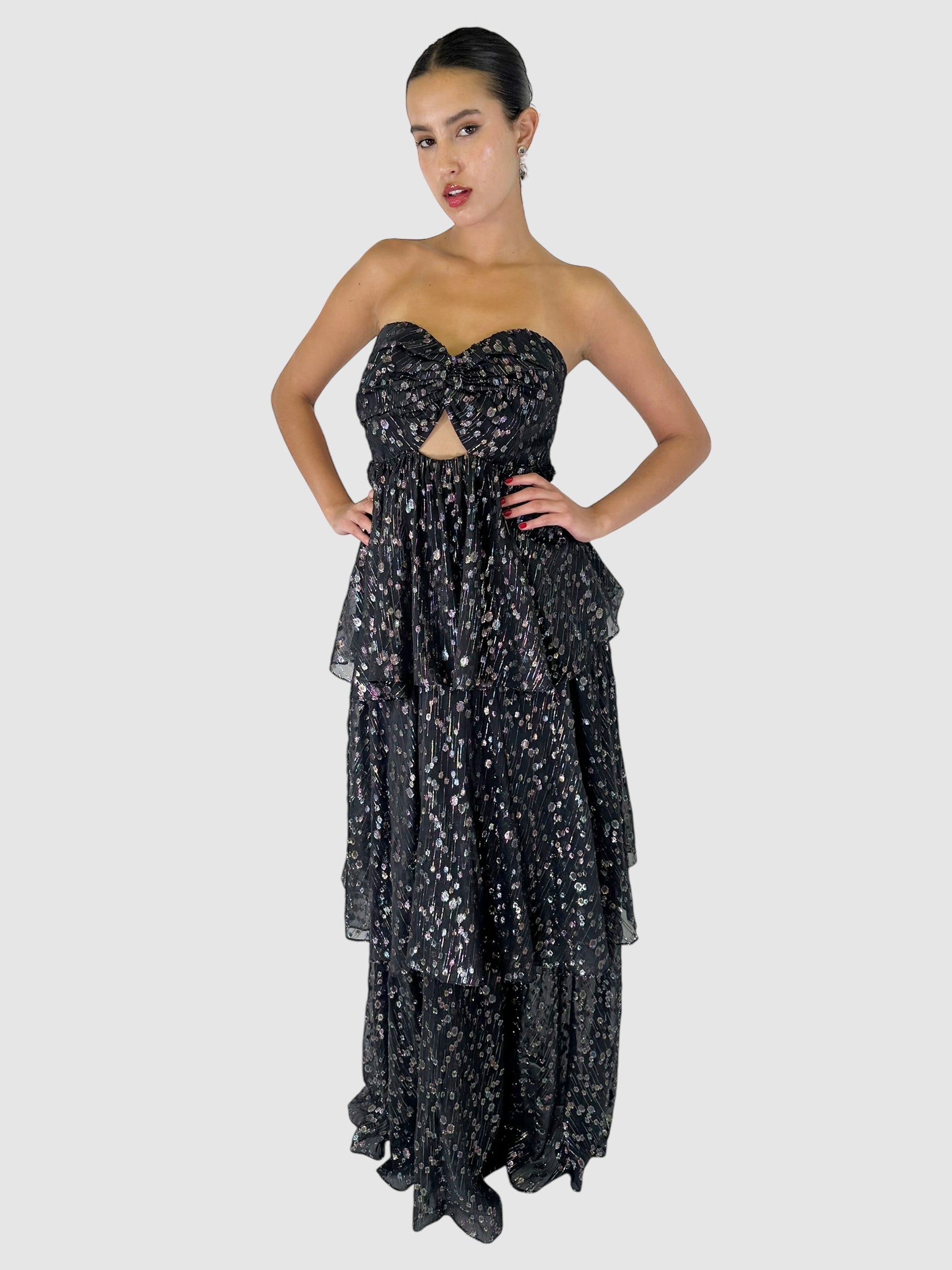 Metallic Circle Print Ruffled Maxi Dress - Size 8