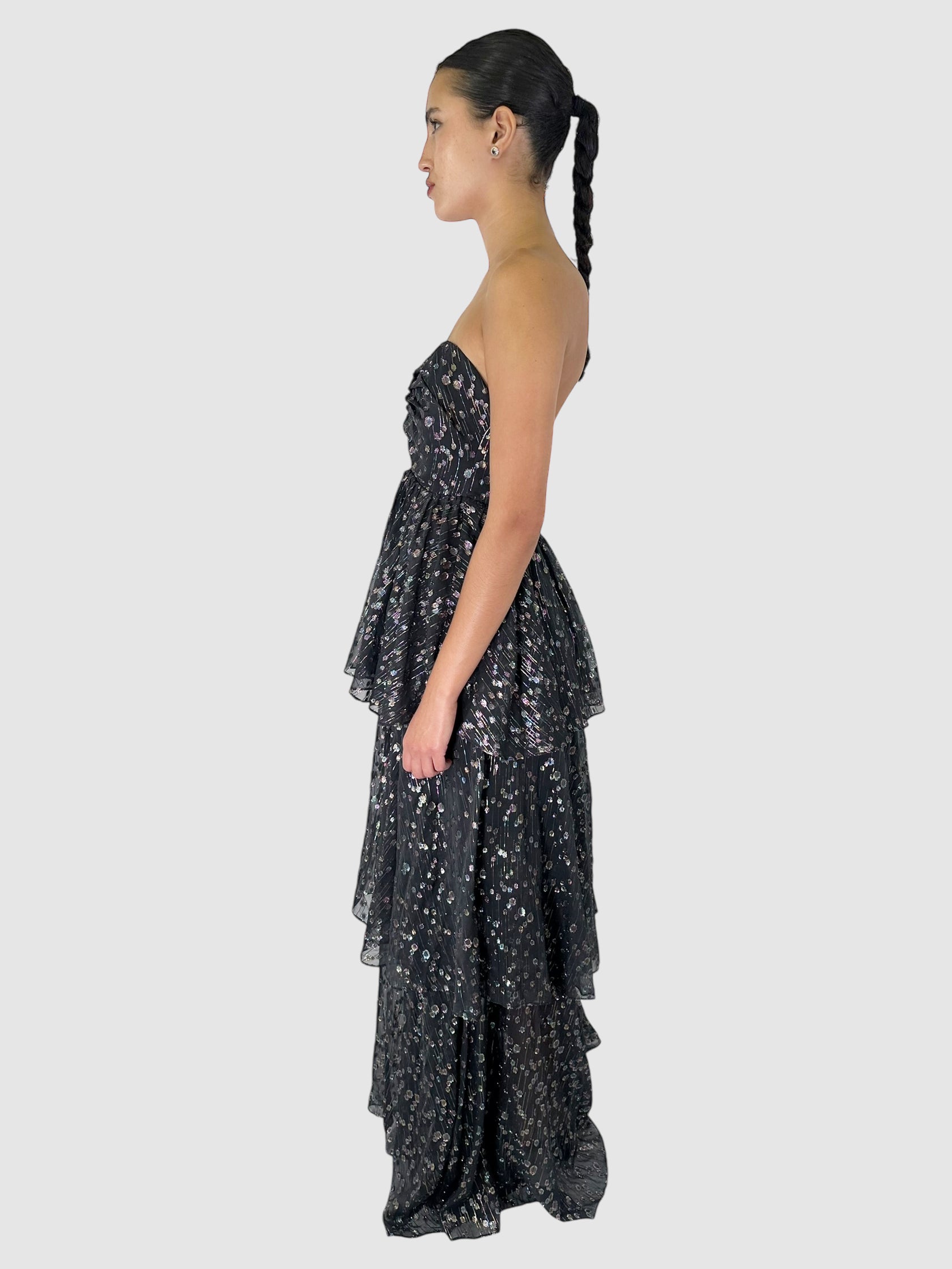 Metallic Circle Print Ruffled Maxi Dress - Size 8