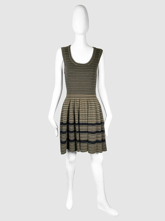 Missoni Olive Green and Black Sparkly Striped Sleeveless Pleated Mini Dress Size Small Consignment Secondhand Designer Luxury Resale Toronto Trendy