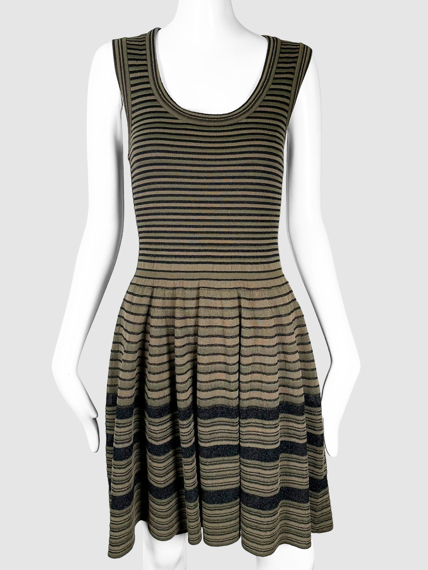 Missoni Olive Green and Black Sparkly Striped Sleeveless Pleated Mini Dress Size Small Consignment Secondhand Designer Luxury Resale Toronto Trendy