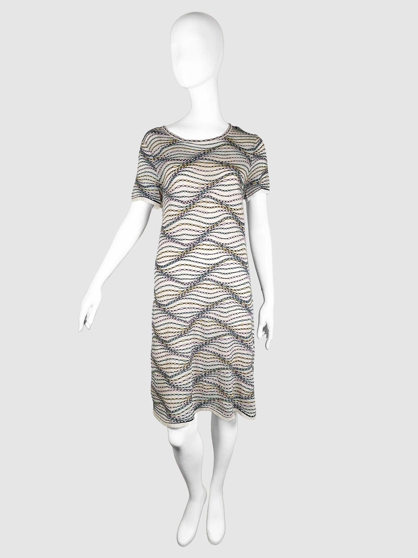 Missoni Beige with Black, Yellow, Pink, and Blue Wave Knit Short Sleeve Mini Dress Size Large Consignment Secondhand Designer Luxury Resale Toronto Trendy