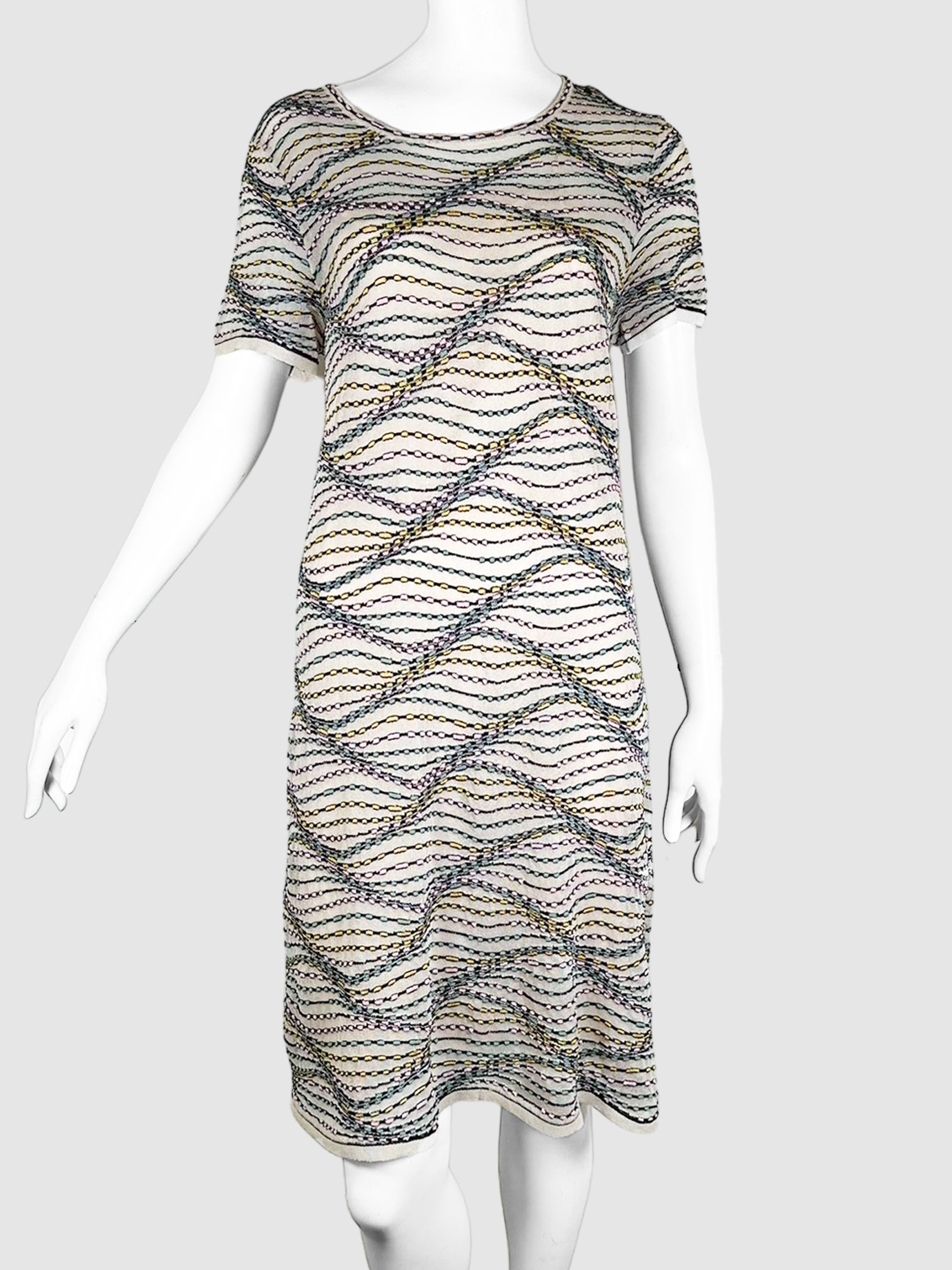 Missoni Beige with Black, Yellow, Pink, and Blue Wave Knit Short Sleeve Mini Dress Size Large Consignment Secondhand Designer Luxury Resale Toronto Trendy