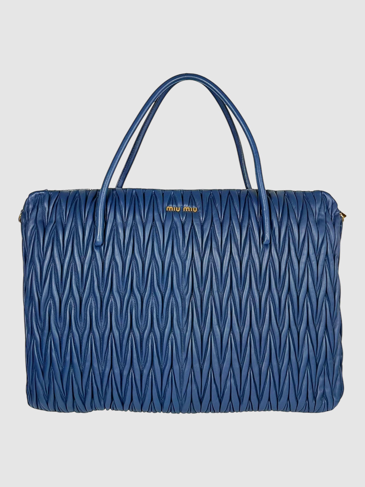 Miu Miu Blue Large Matelassé Lambskin Leather Bag Luxury Designer Resale Consignment Toronto Secondhand Laptop Case