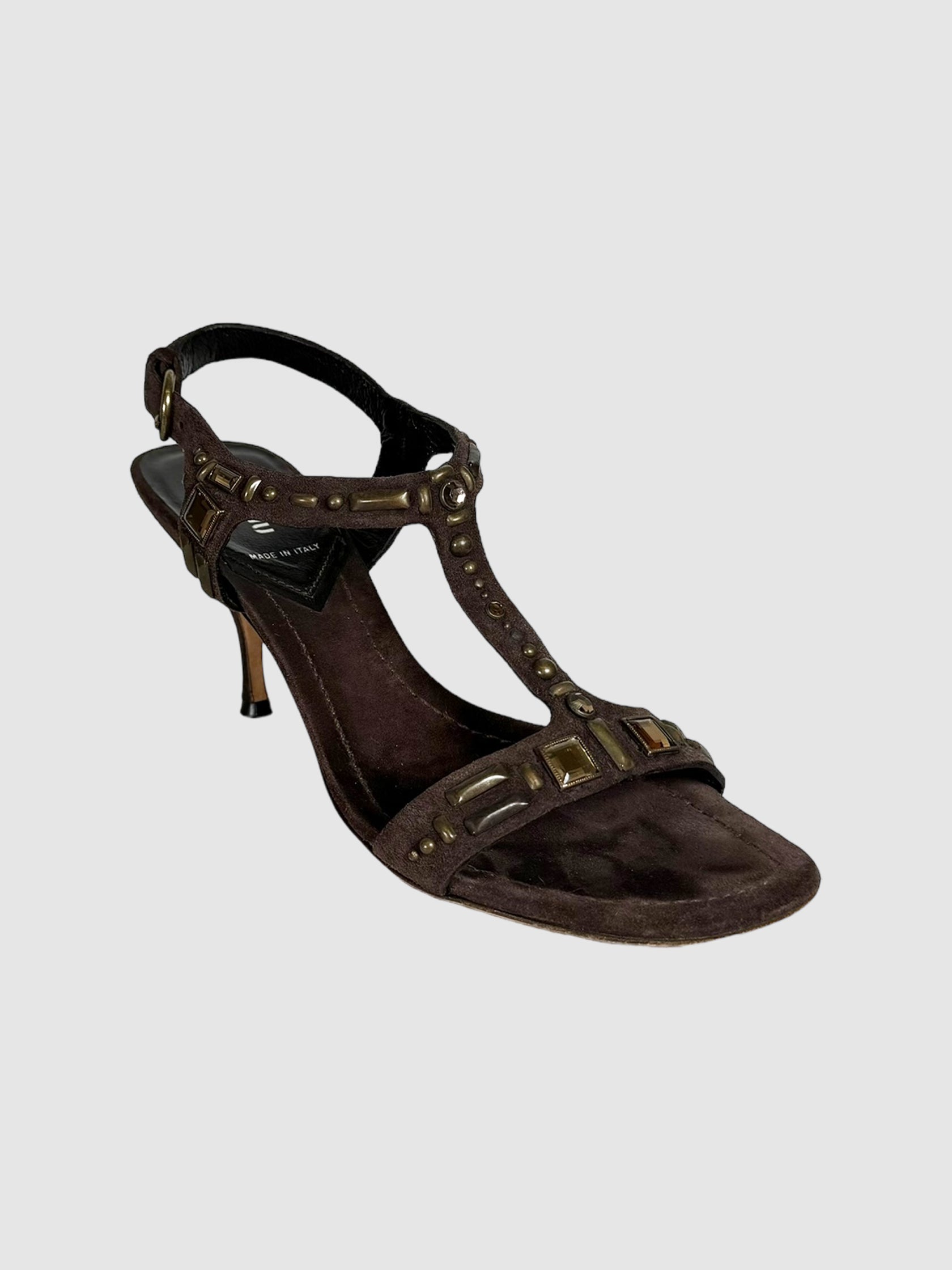 Miu Miu Suede T-Strap Jewelled Heels Size 37.5 Consignment Secondhand Designer Luxury Resale Toronto Trendy