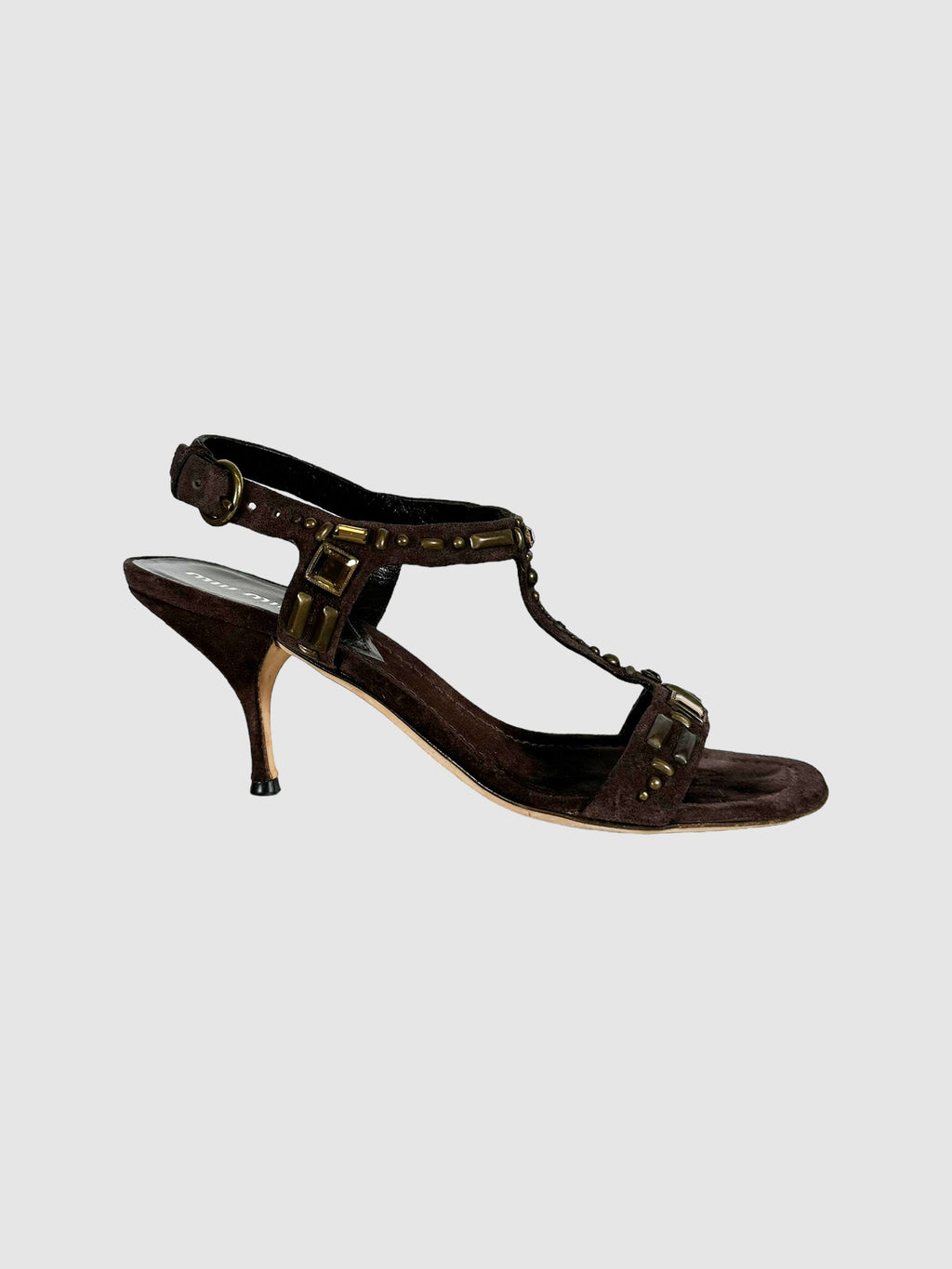 Miu Miu Suede T-Strap Jewelled Heels Size 37.5 Consignment Secondhand Designer Luxury Resale Toronto Trendy