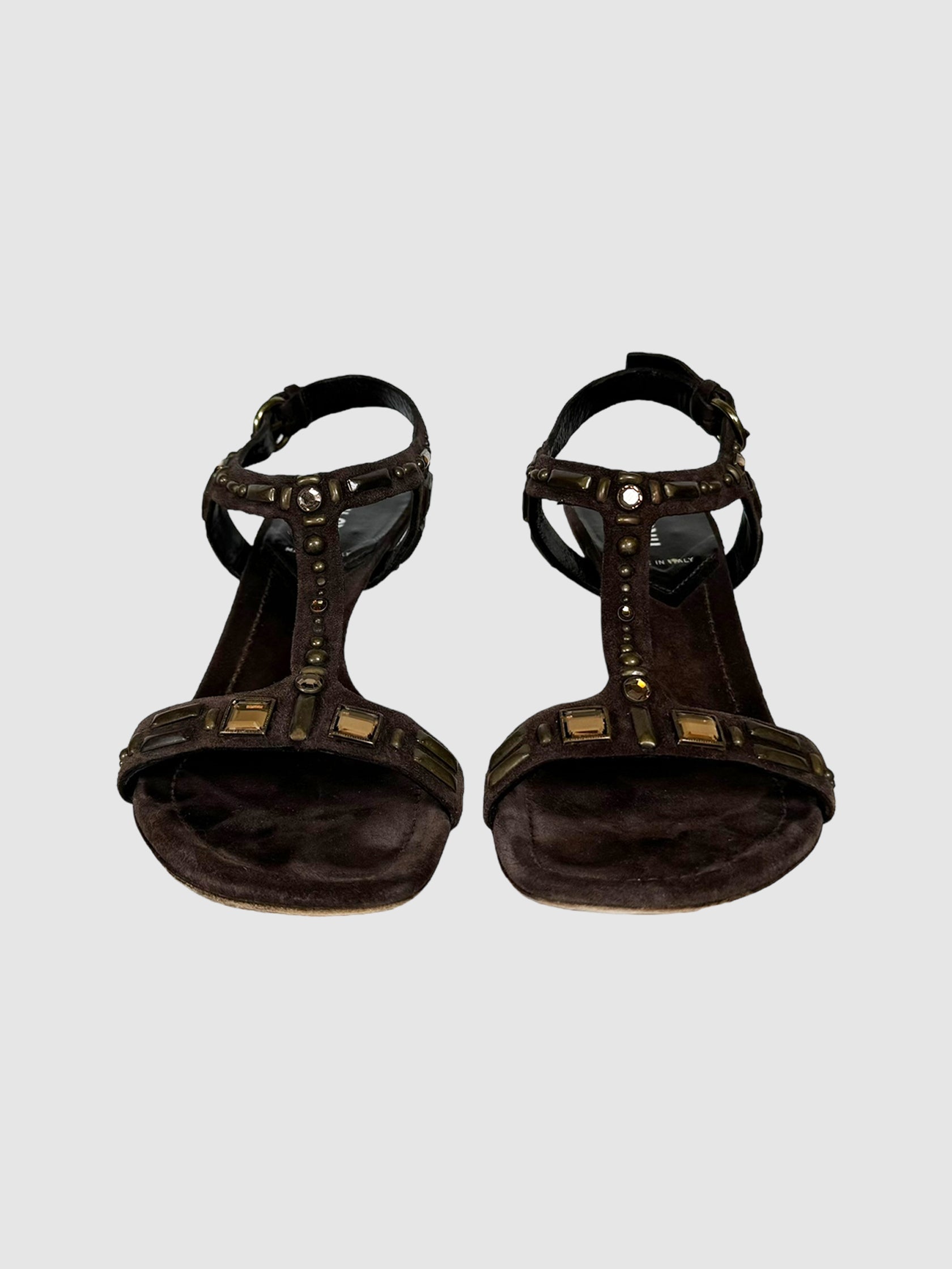 Miu Miu Suede T-Strap Jewelled Heels Size 37.5 Consignment Secondhand Designer Luxury Resale Toronto Trendy