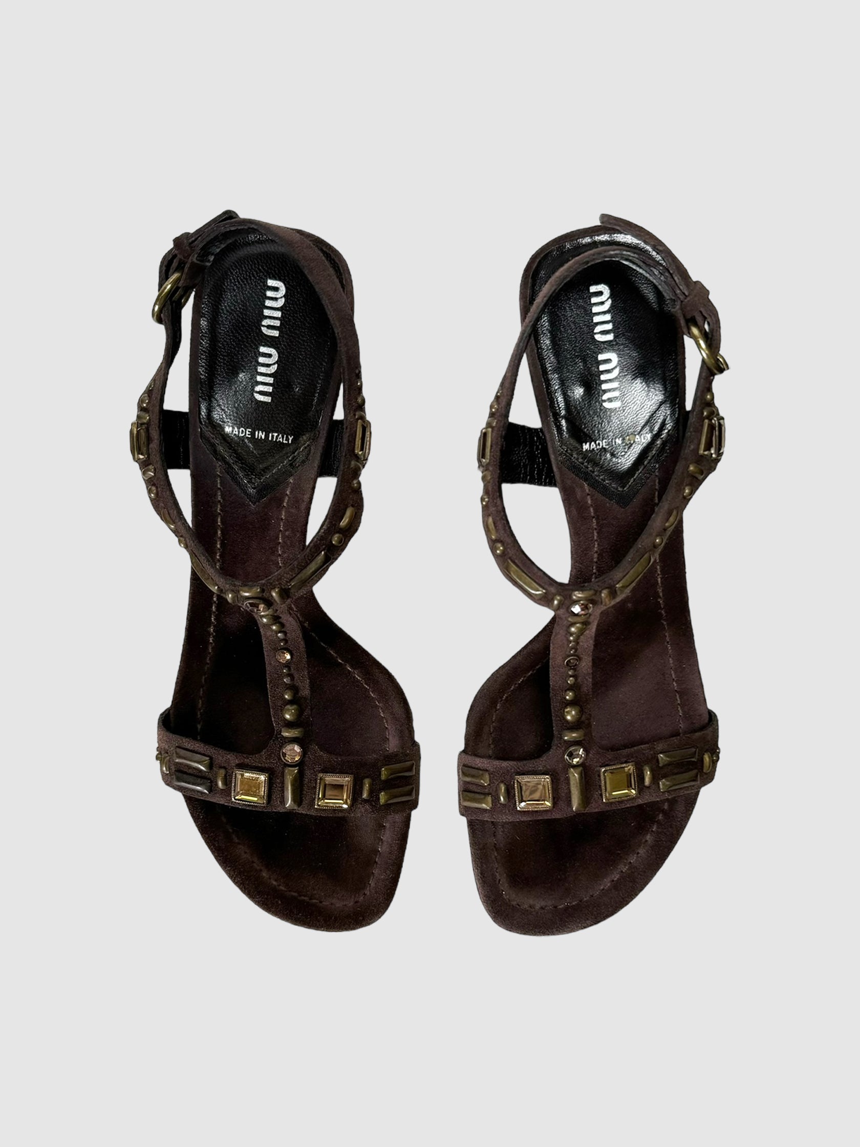 Miu Miu Suede T-Strap Jewelled Heels Size 37.5 Consignment Secondhand Designer Luxury Resale Toronto Trendy