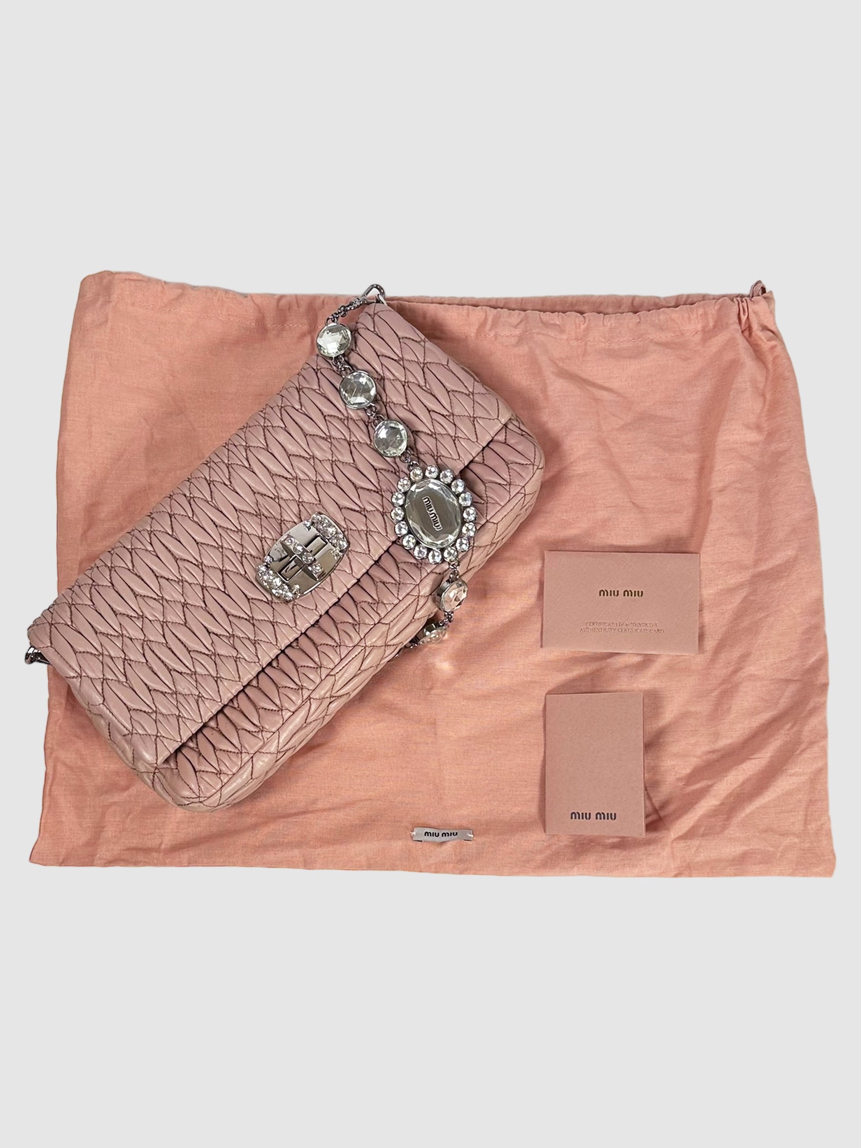 Miu Miu Light Pink Matelassé Nappa Leather Crystal Flap Shoulder Bag Consignment Secondhand Designer Luxury Resale Toronto Trendy
