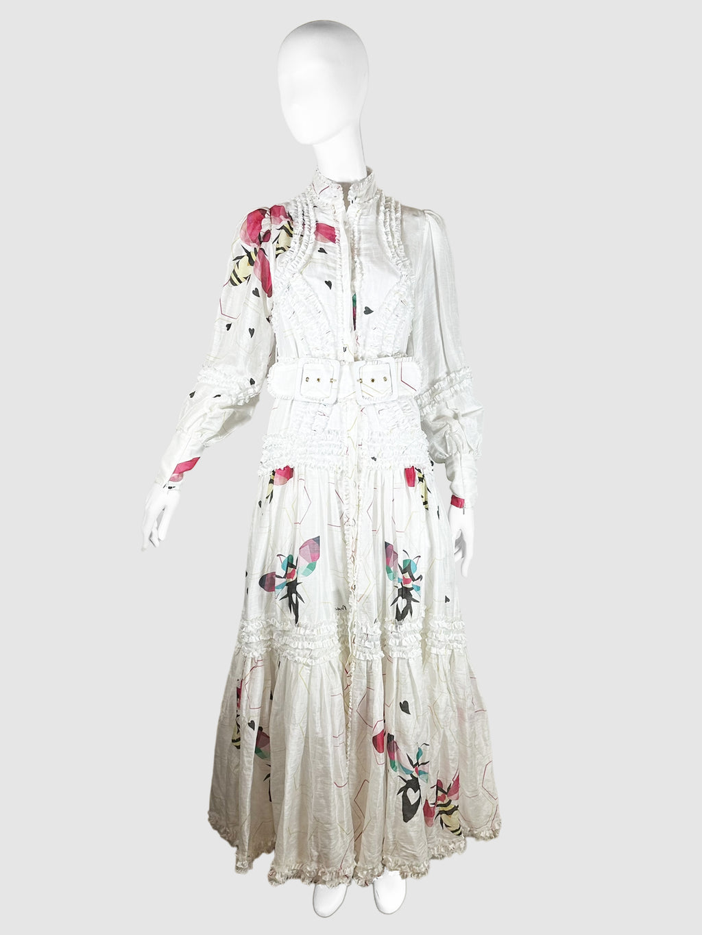Mackenzie Mode White with Multicolour Bee Print Ruffled Maxi Dress with Belt Size 4 Consignment Secondhand Designer Luxury Resale Toronto Trendy