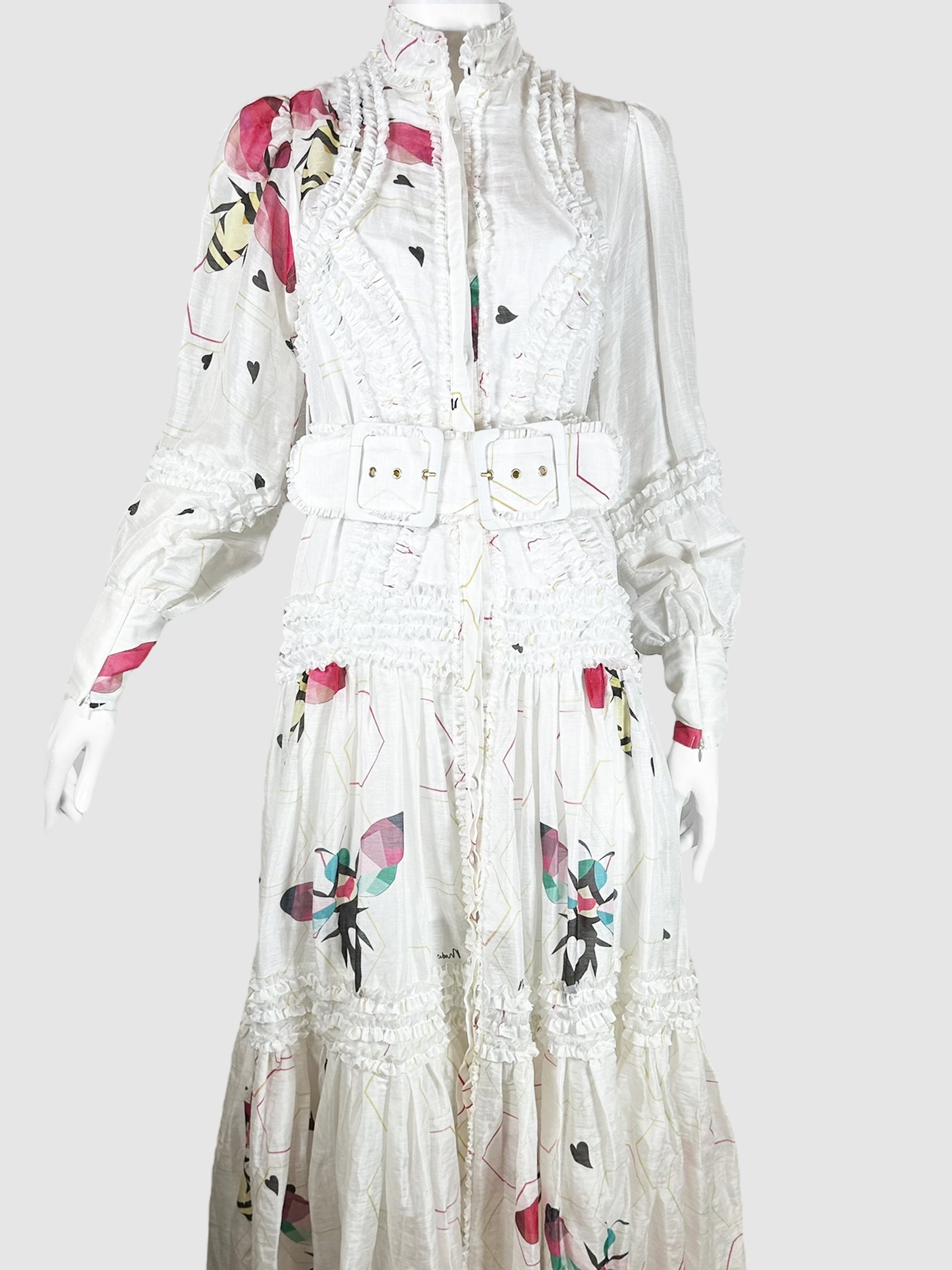 Mackenzie Mode White with Multicolour Bee Print Ruffled Maxi Dress with Belt Size 4 Consignment Secondhand Designer Luxury Resale Toronto Trendy