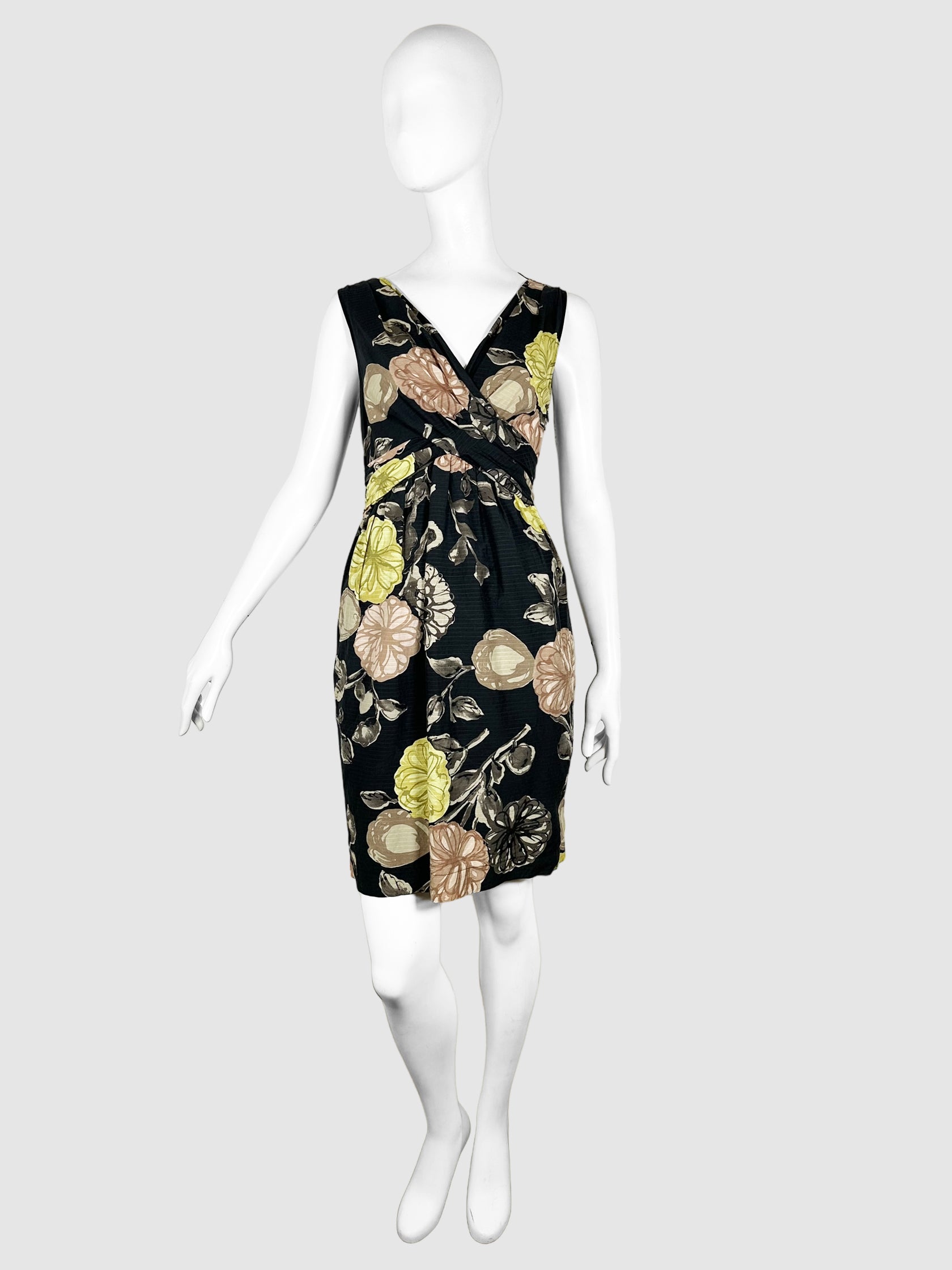 Moschino Black with Green and Brown Floral Print V-Neck Sleeveless Knee-Length Dress Size Medium Consignment Secondhand Designer Luxury Resale Toronto Trendy