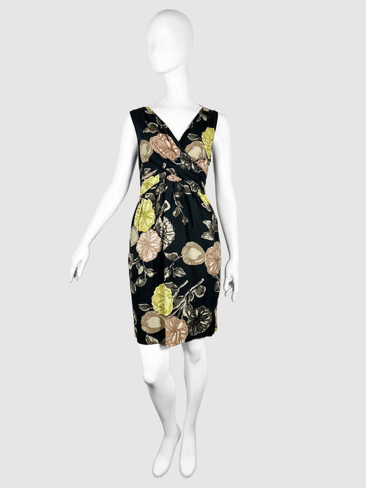 Moschino Black with Green and Brown Floral Print V-Neck Sleeveless Knee-Length Dress Size Medium Consignment Secondhand Designer Luxury Resale Toronto Trendy