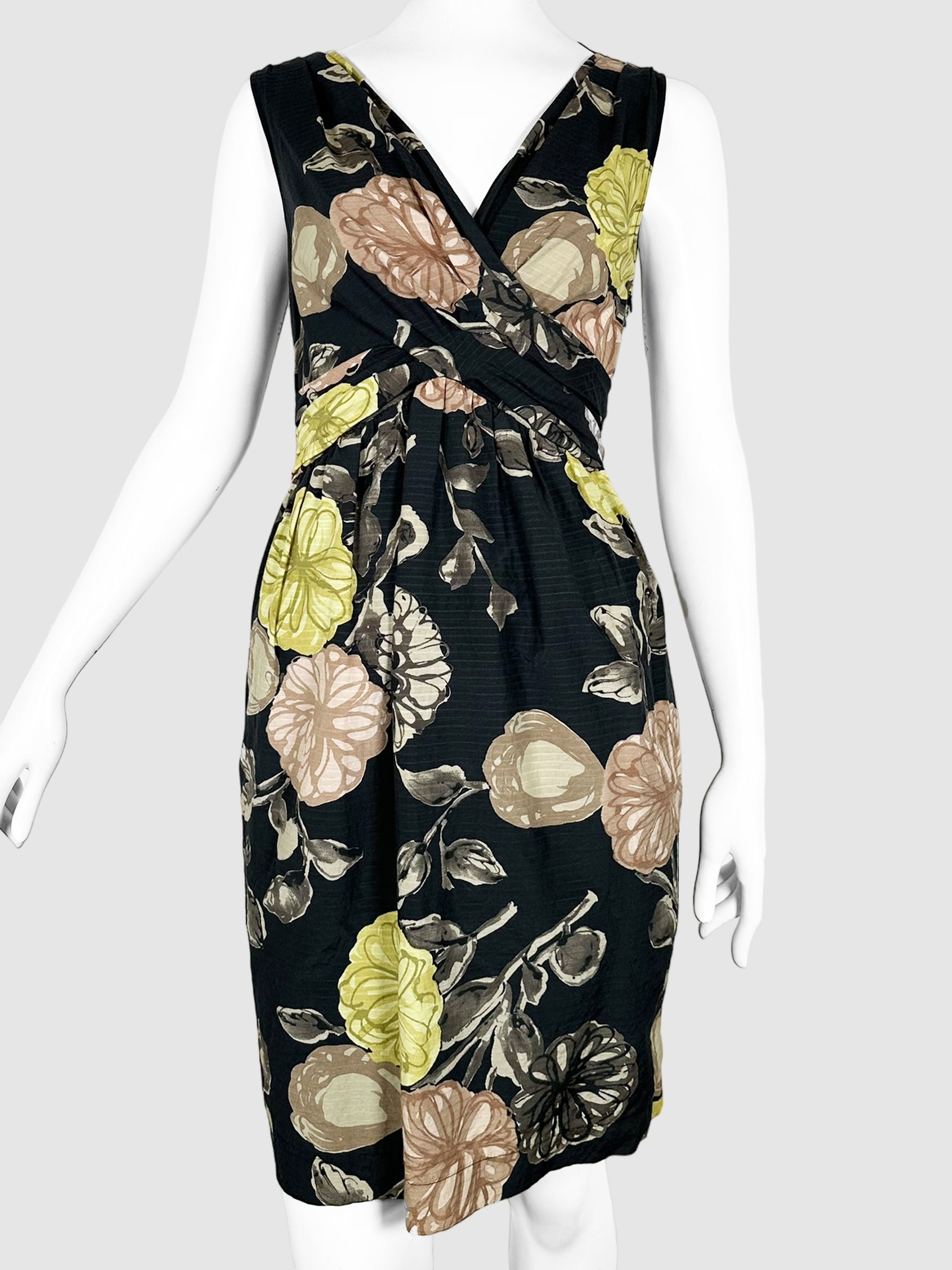 Moschino Black with Green and Brown Floral Print V-Neck Sleeveless Knee-Length Dress Size Medium Consignment Secondhand Designer Luxury Resale Toronto Trendy