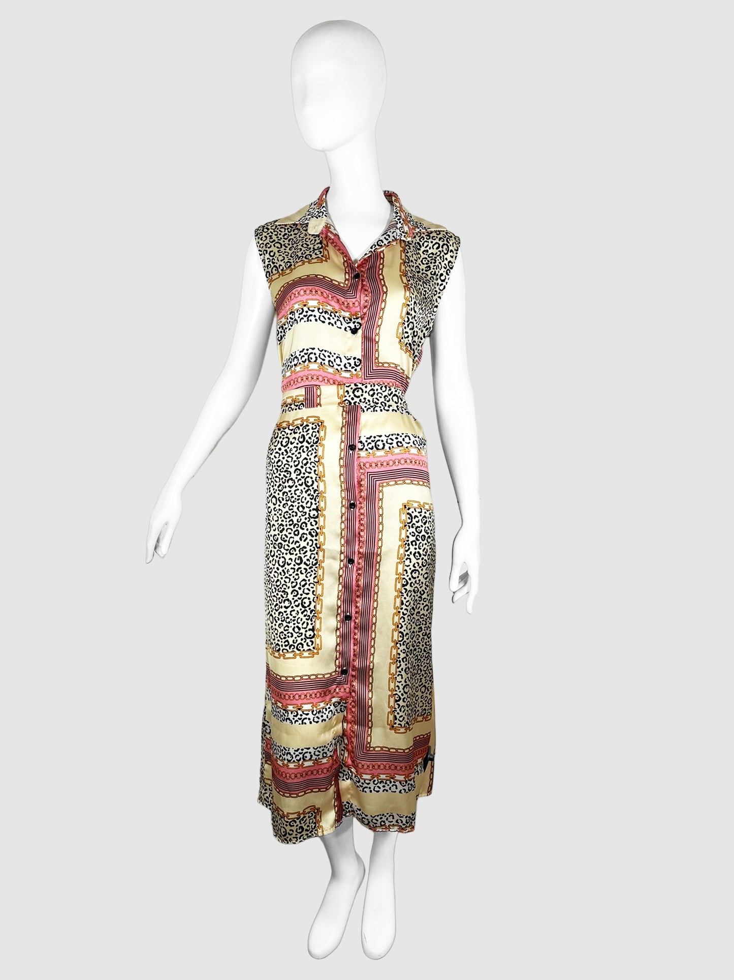 Moschino Cream, Yellow, Pink, and Black Leopard and Chainlink Print Button Down V-Neck Maxi Dress with Waist Tie Size 6 Consignment Secondhand Designer Luxury Resale Toronto Trendy