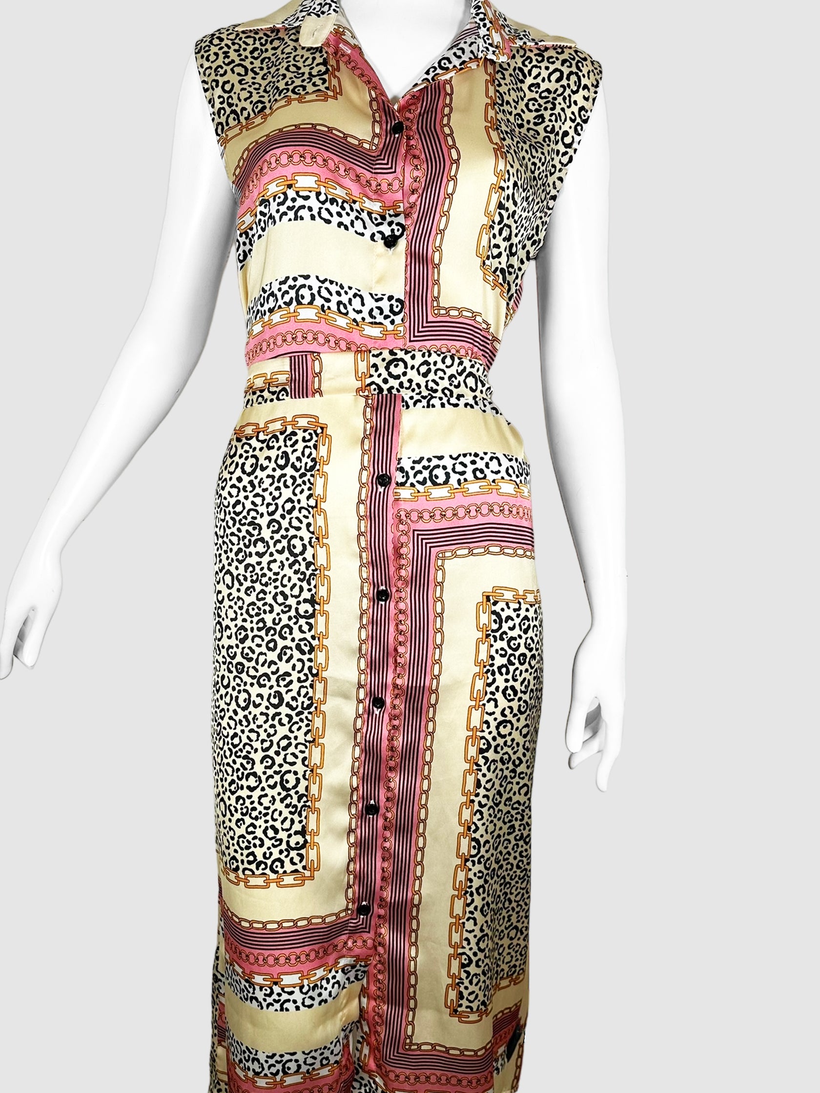 Moschino Cream, Yellow, Pink, and Black Leopard and Chainlink Print Button Down V-Neck Maxi Dress with Waist Tie Size 6 Consignment Secondhand Designer Luxury Resale Toronto Trendy