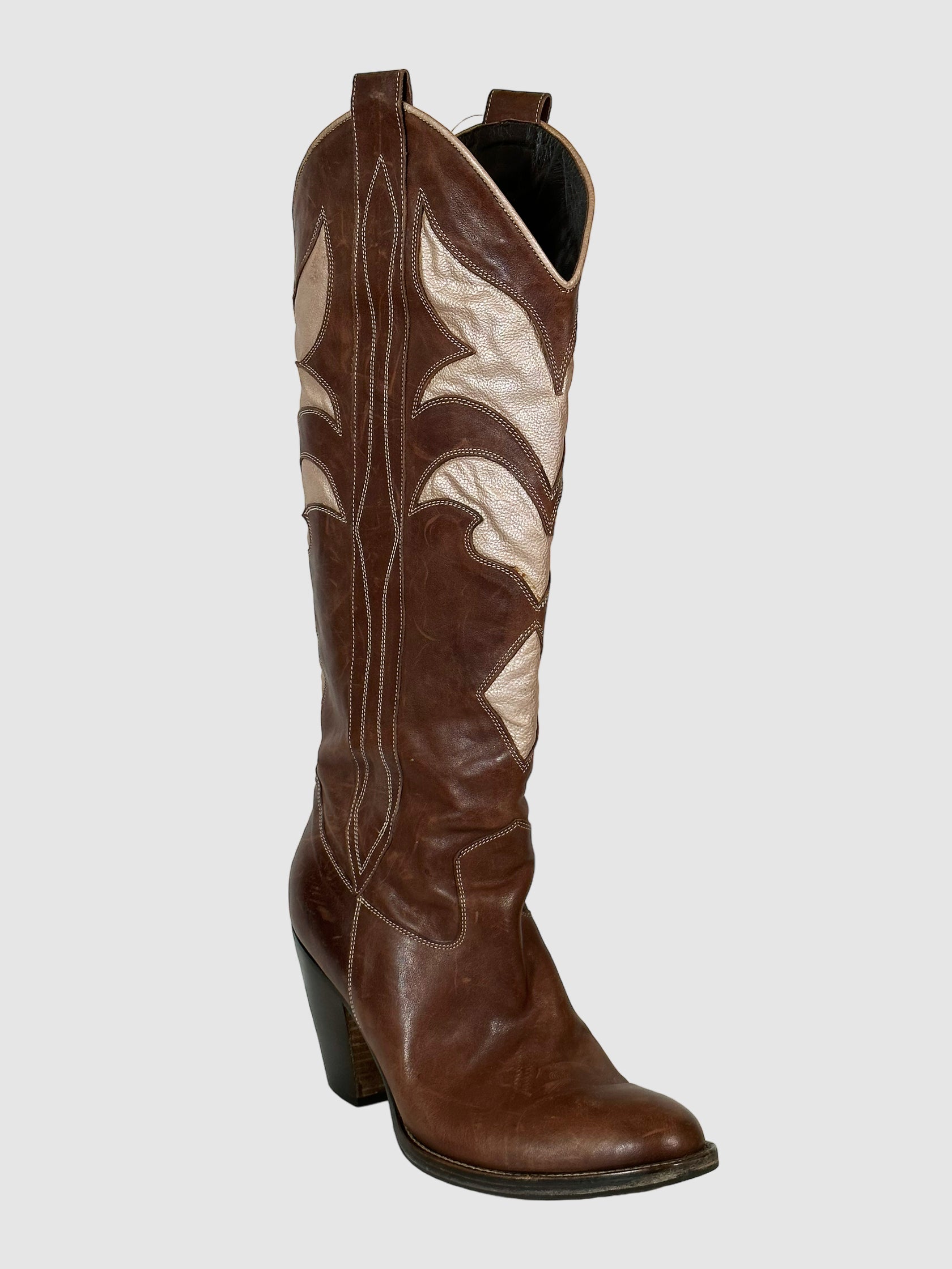 Leather Printed Western Boots - Size 37