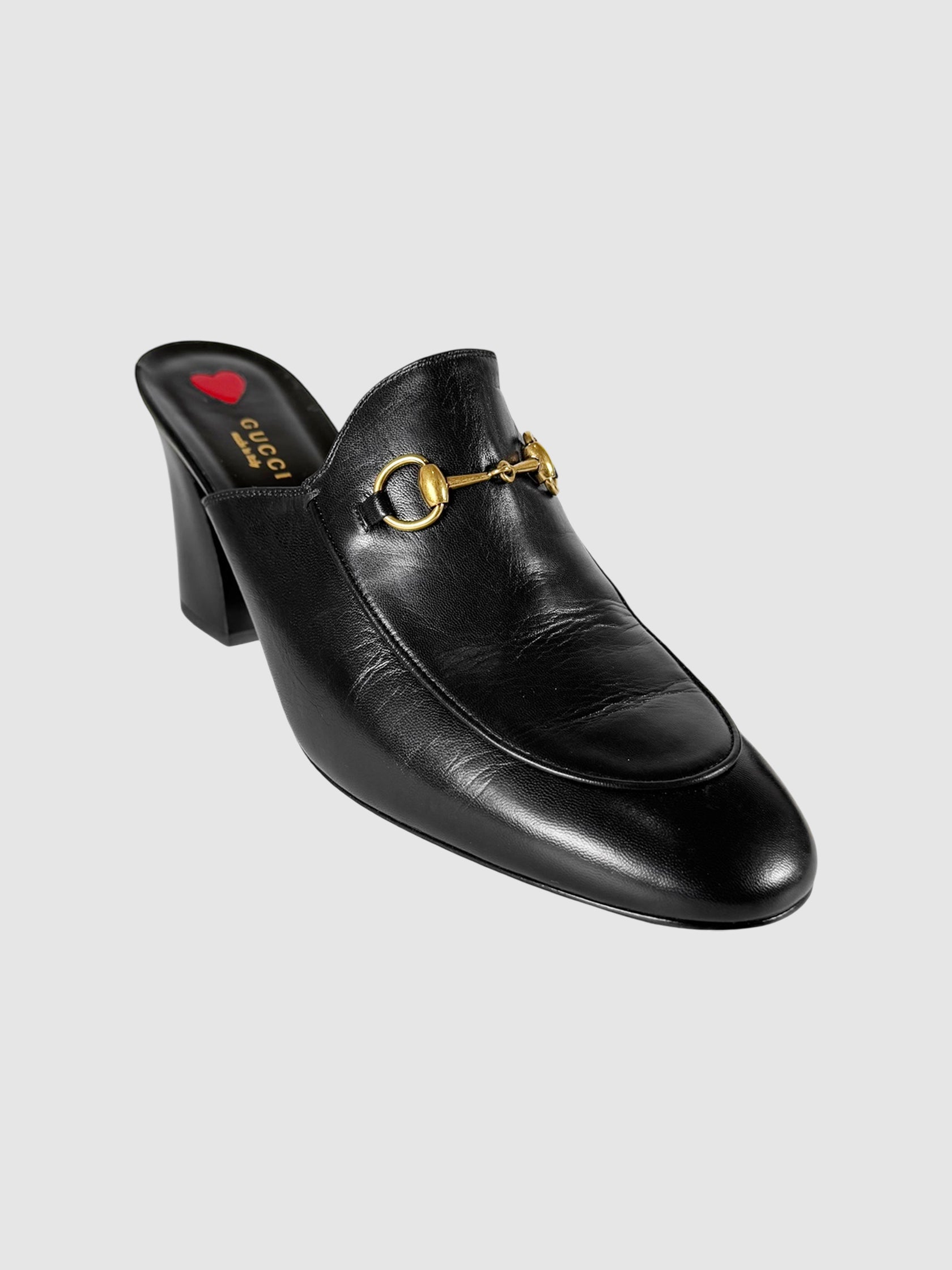 Gucci Black Leather Horsebit Princetown Block Heel Mules, Size 42 Luxury Designer Resale Consignment Toronto Canada Secondhand