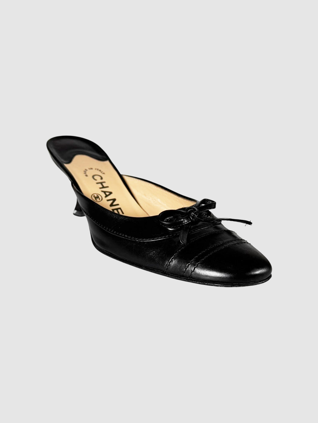 Chanel Black Leather Cap Toe Kitten Heel Mules, Size 36.5 Luxury Designer Resale Secondhand Toronto Canada